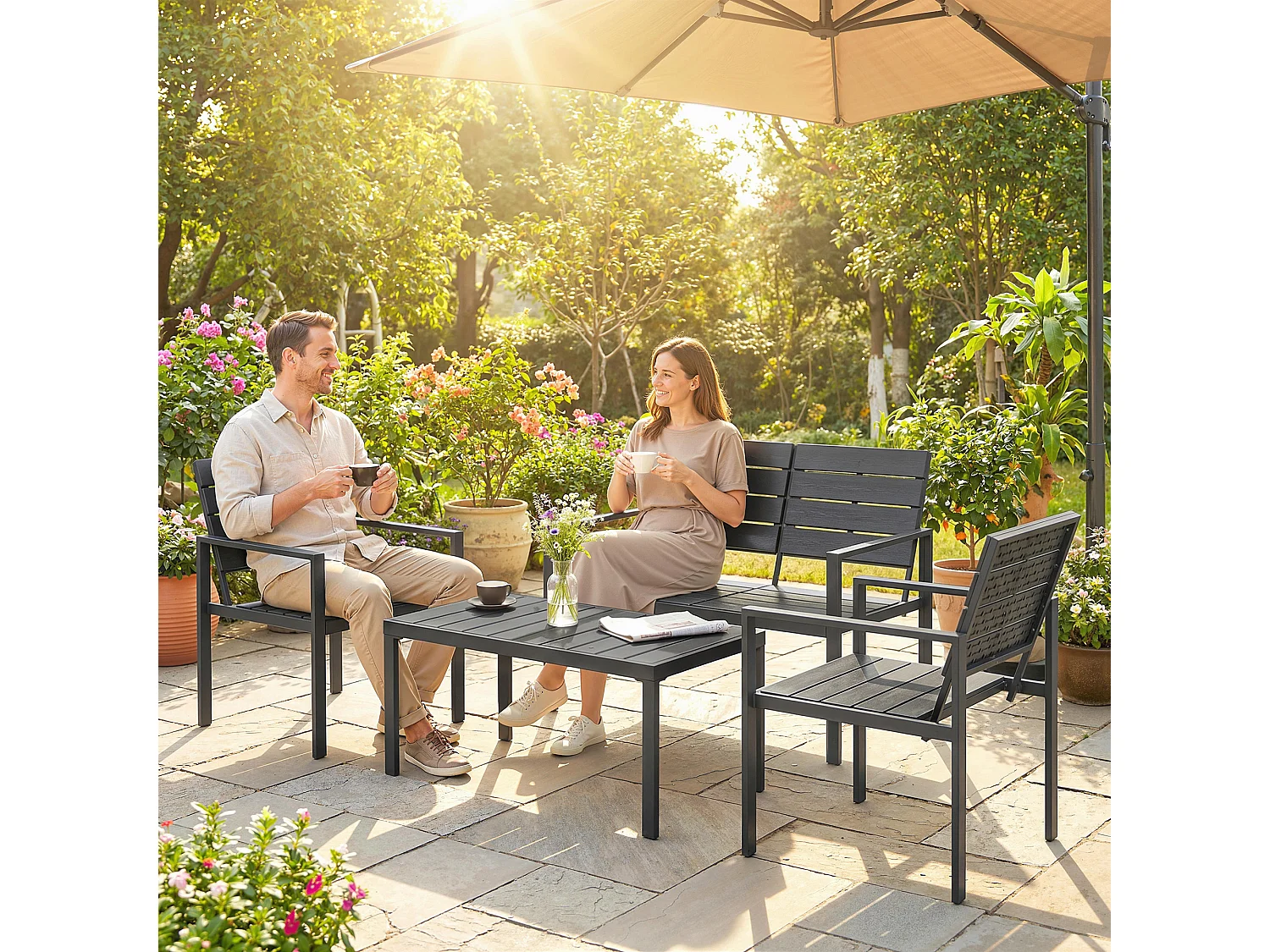 Salon de jardin 4 pièces 4 personnes - banc, 2 fauteuils, table basse - métal HDPE effet bois noir