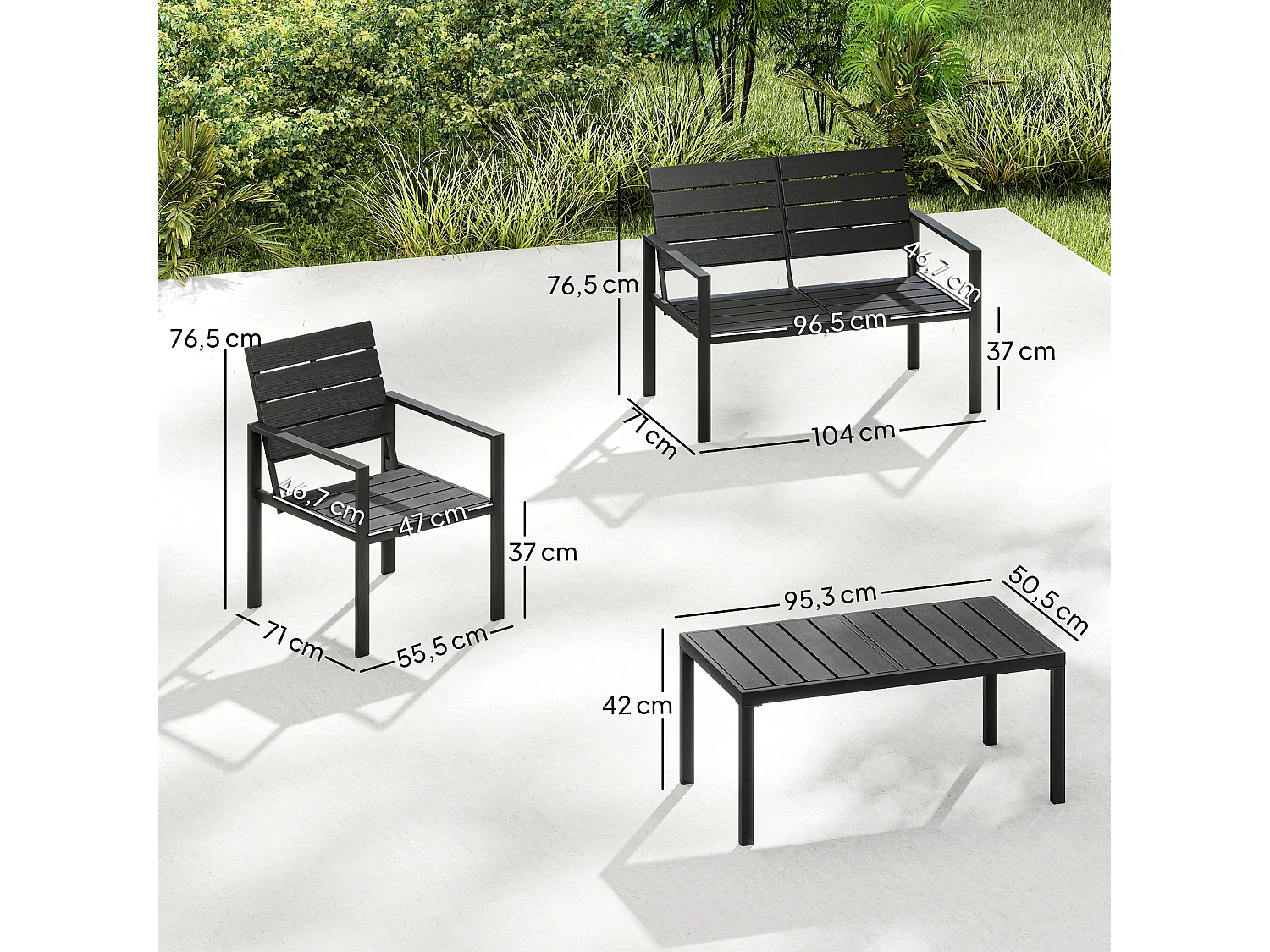 Salon de jardin 4 pièces 4 personnes - banc, 2 fauteuils, table basse - métal HDPE effet bois noir