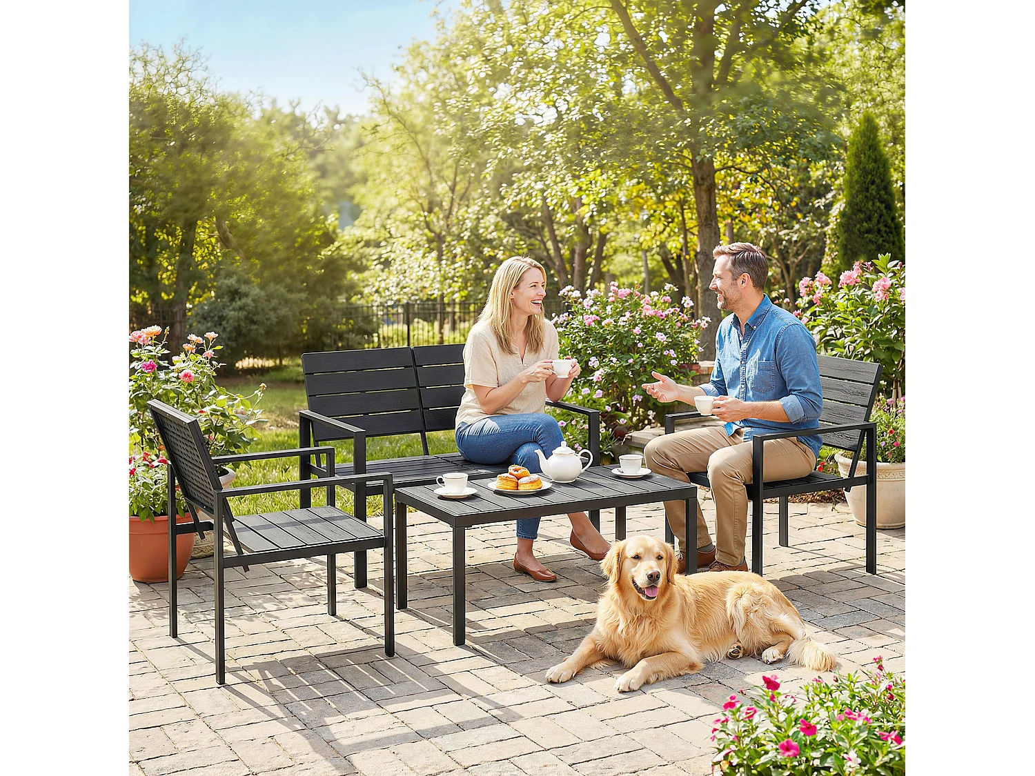 Salon de jardin 4 pièces 4 personnes - banc, 2 fauteuils, table basse - métal HDPE effet bois noir