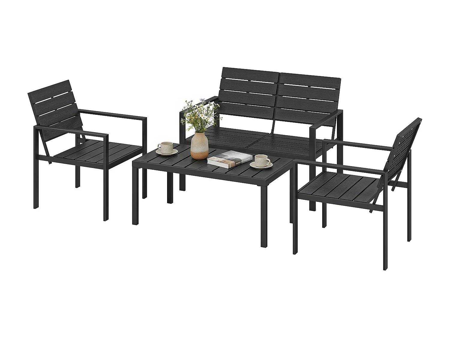 Salon de jardin 4 pièces 4 personnes - banc, 2 fauteuils, table basse - métal HDPE effet bois noir