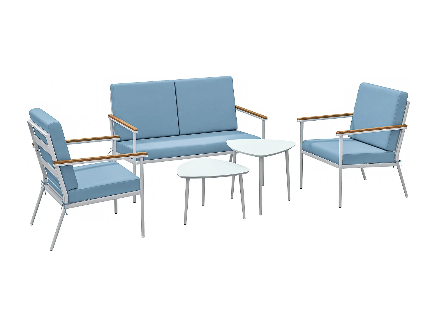 Salon de jardin 4 personnes 5 pièces 2 tables basses gigognes acier blanc accoudoirs effet bois coussins bleu