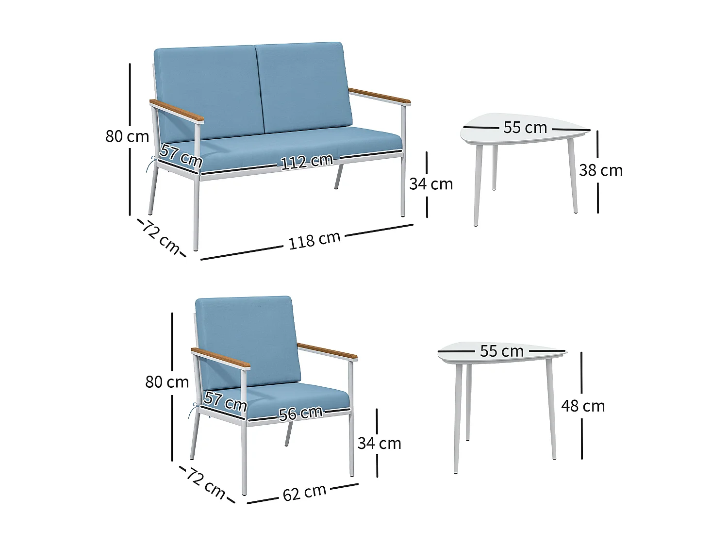 Salon de jardin 4 personnes 5 pièces 2 tables basses gigognes acier blanc accoudoirs effet bois coussins bleu