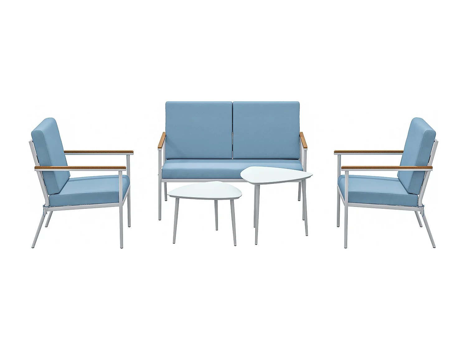 Salon de jardin 4 personnes 5 pièces 2 tables basses gigognes acier blanc accoudoirs effet bois coussins bleu