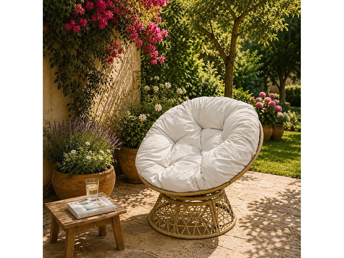 Fauteuil de jardin en résine tressée beige avec coussin gris clair – 96x85x80 cm – Élégance et confort