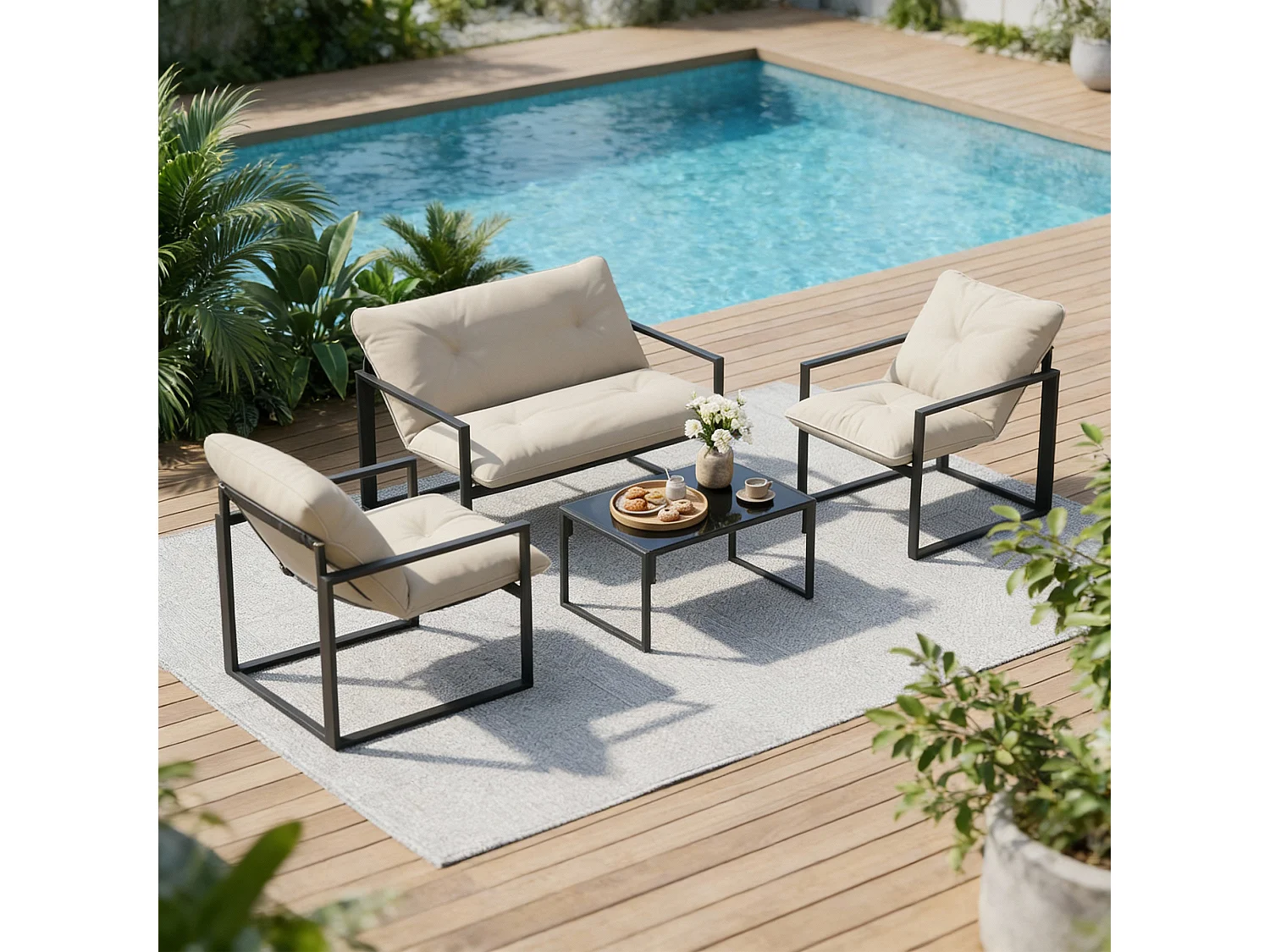 Salon de jardin 4 pièces – 4 personnes – Canapé et fauteuils