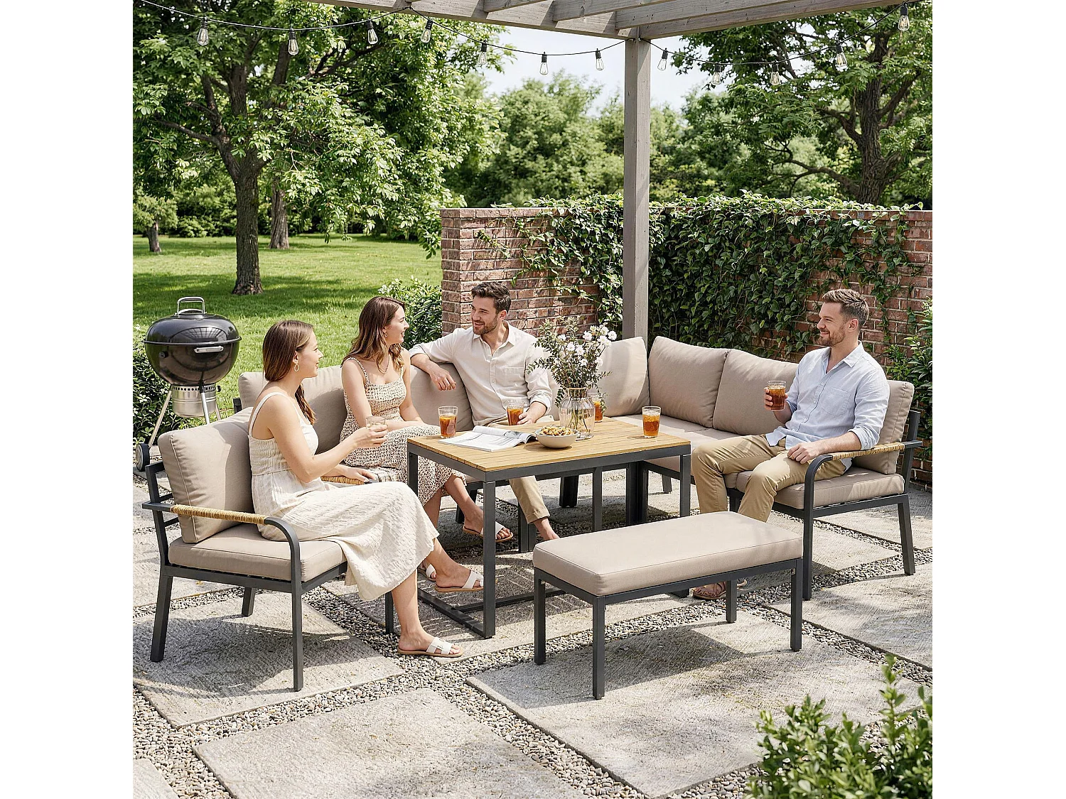 Salon de jardin d'angle table à manger 7 personnes 7 pièces
