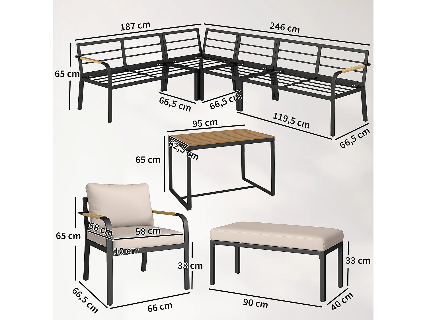 Salon de jardin d'angle table à manger 7 personnes 7 pièces