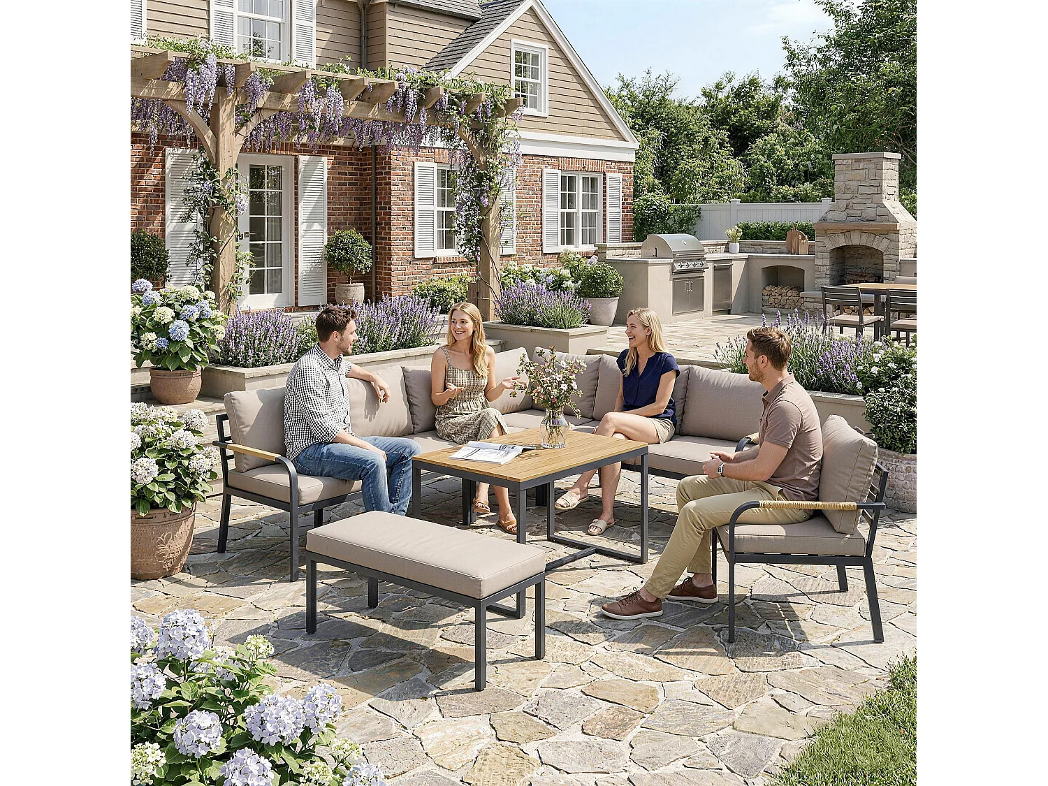 Salon de jardin d'angle table à manger 7 personnes 7 pièces