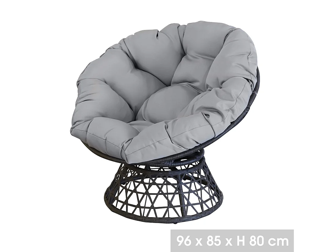 Tuinstoel van zwart gevlochten hars met grijs kussen – 96x85x80 cm – Elegantie en comfort