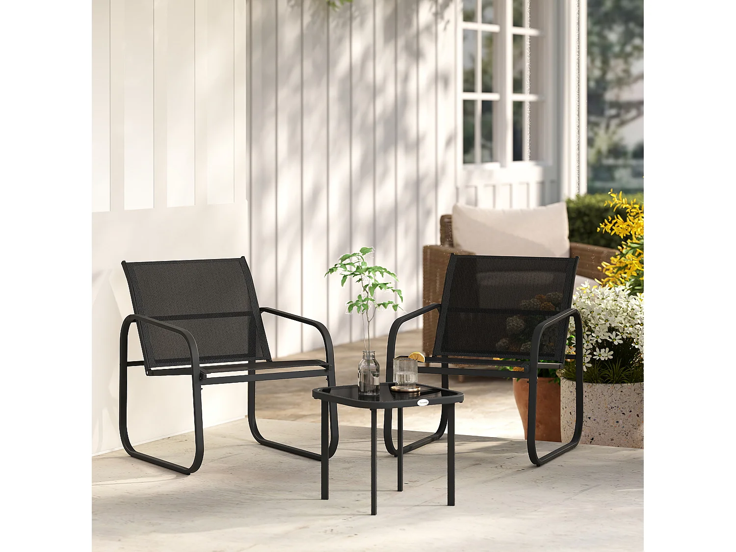 Ensemble bistrot de jardin relax 2 personnes 3 pièces plateau verre trempé acier textilène noir