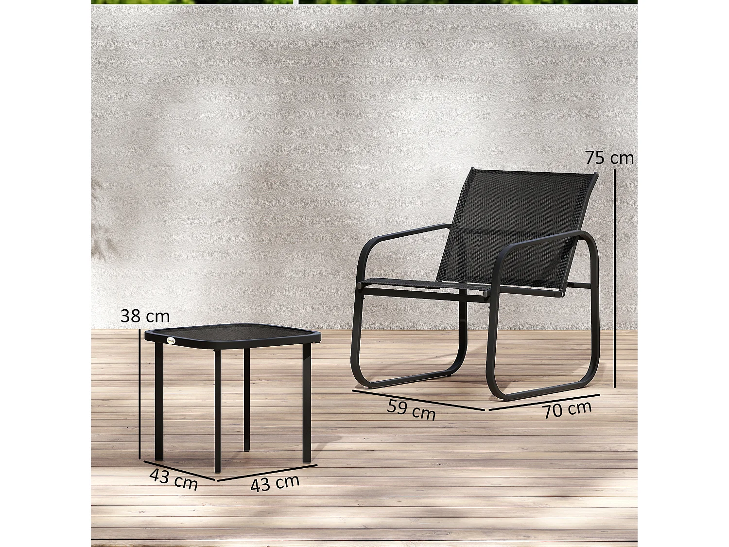 Ensemble bistrot de jardin relax 2 personnes 3 pièces plateau verre trempé acier textilène noir