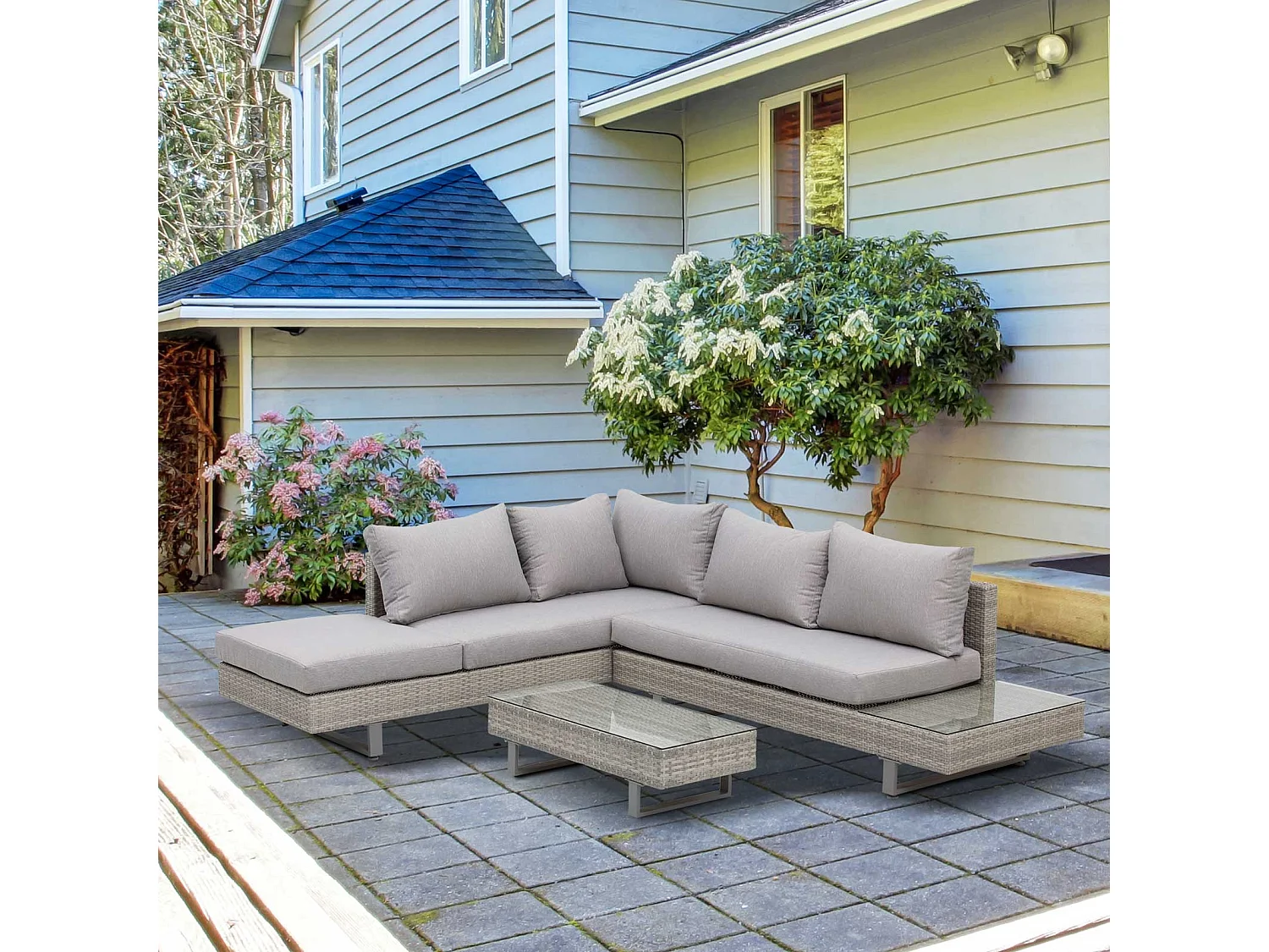 Salon de jardin d'angle 5 places – Design contemporain – Table incluse