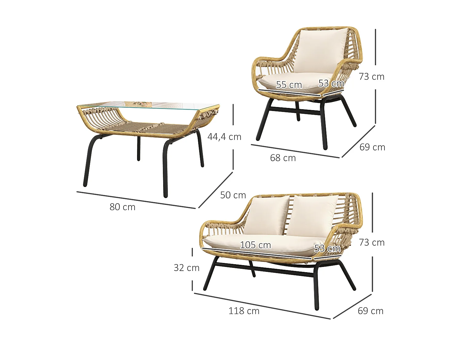Salon de jardin 4 places – Style exotique – Coussins inclus