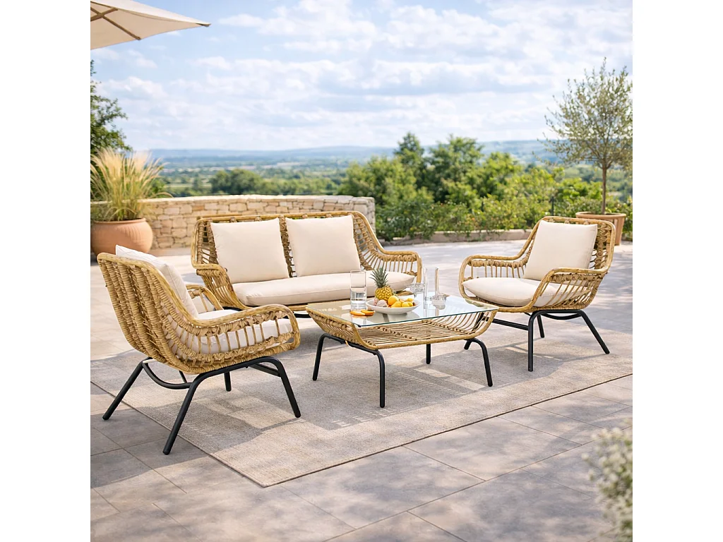 Salon de jardin 4 places – Style exotique – Coussins inclus