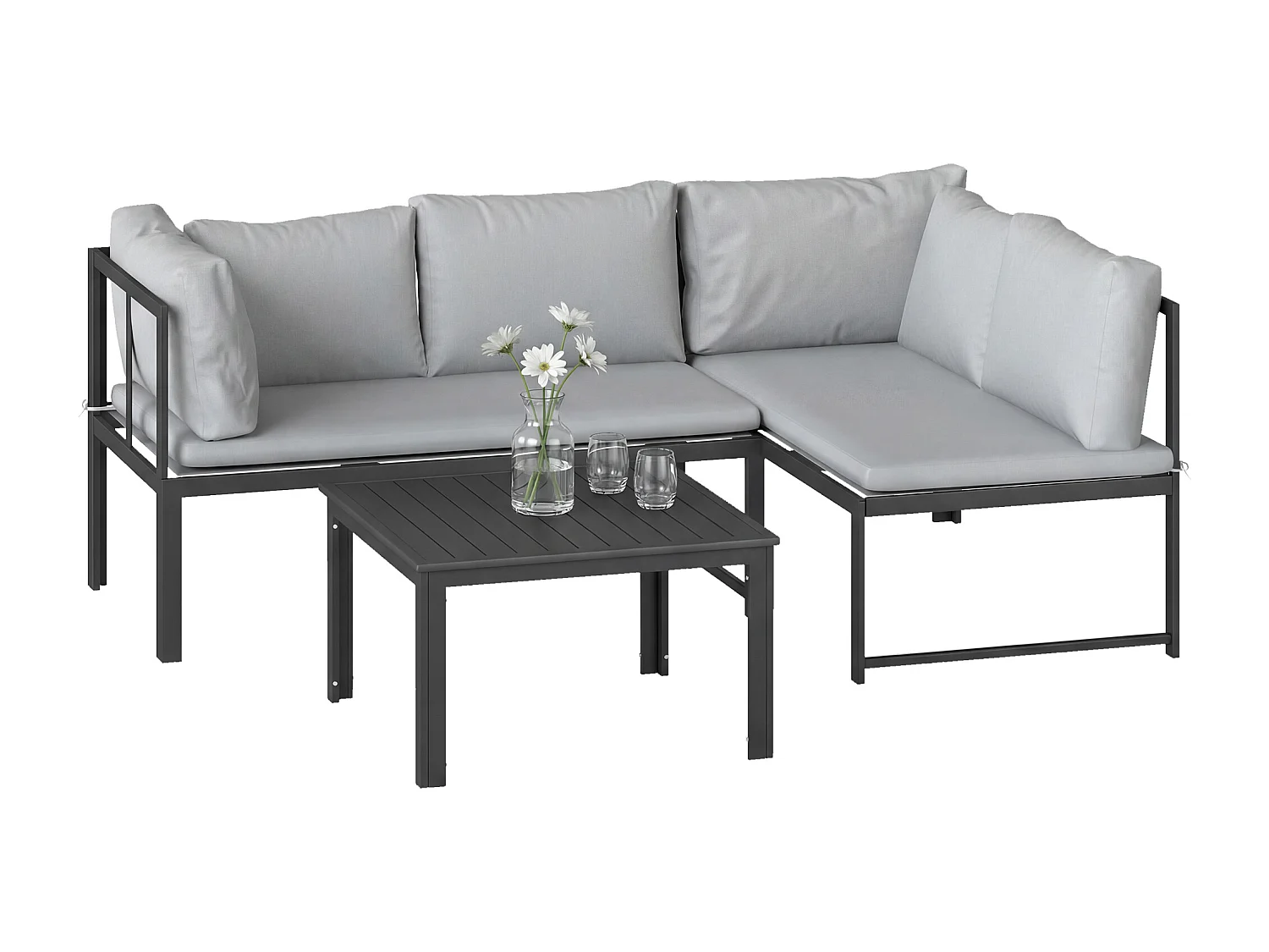 Salon de jardin d'angle design 3 places 3 pièces avec coussins gris