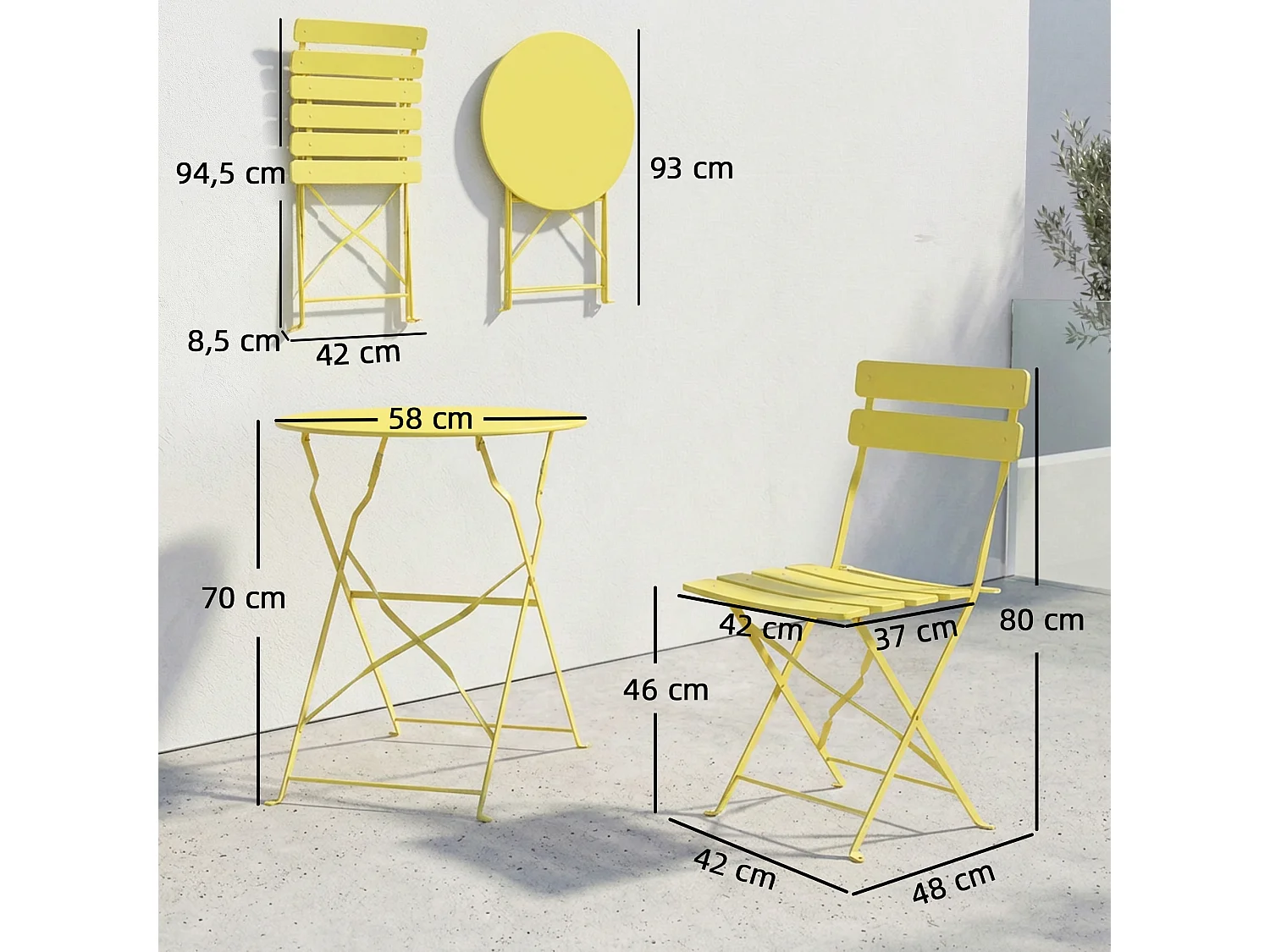 Salon de jardin bistro pliable 3 pcs table ronde métal thermolaqué jaune