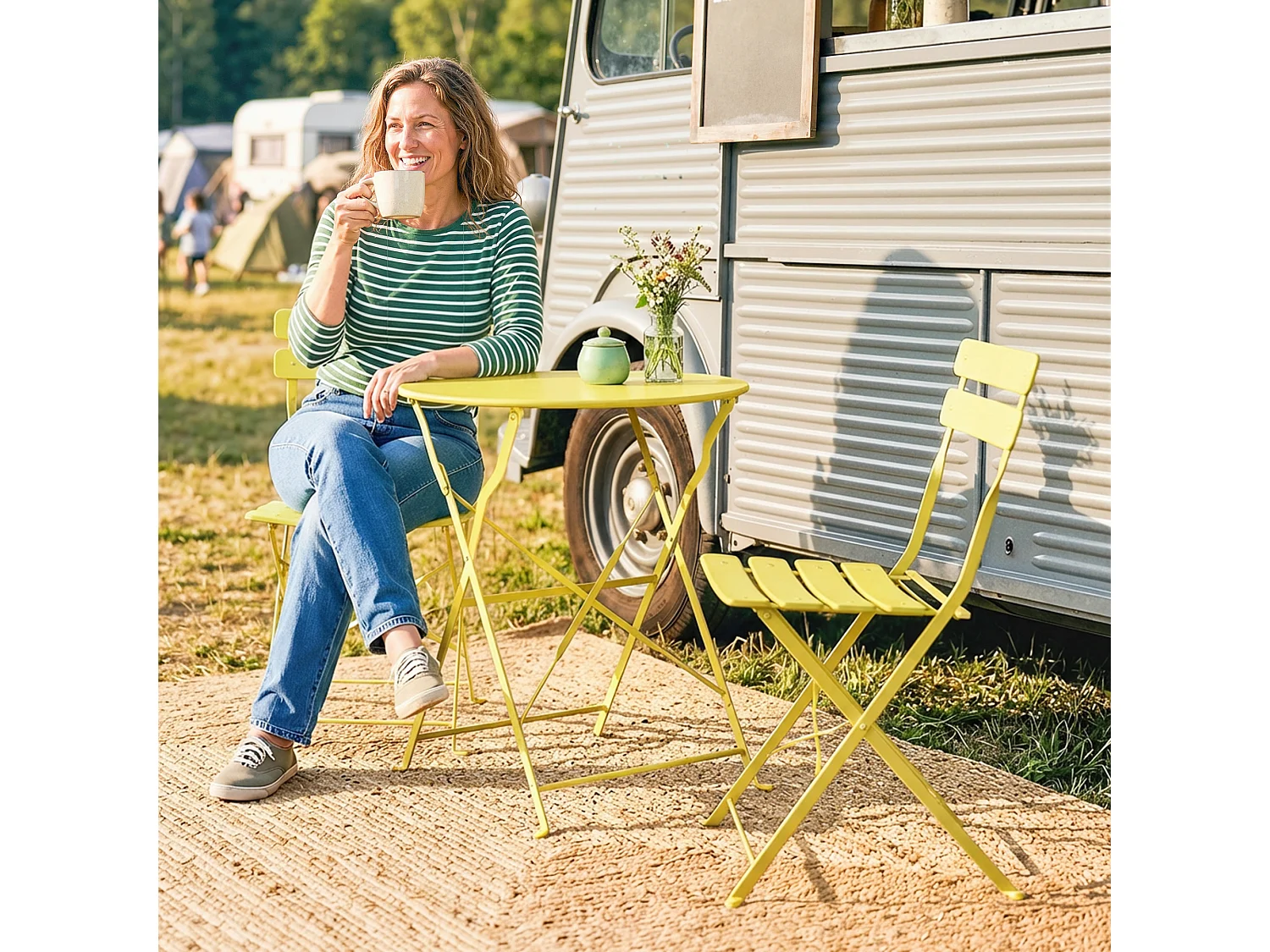 Salon de jardin bistro pliable 3 pcs table ronde métal thermolaqué jaune