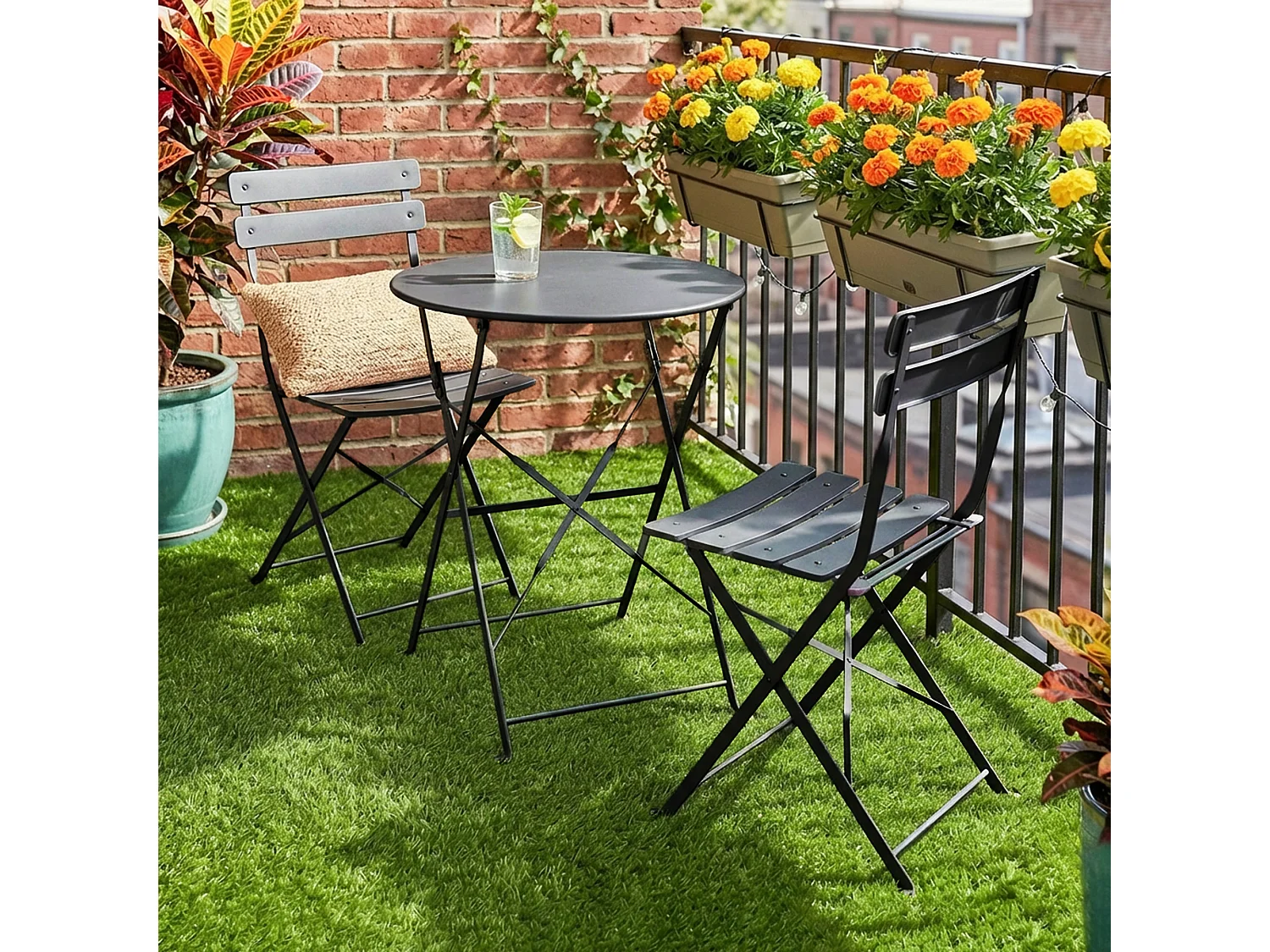 Salon de jardin bistro pliable 3 pcs table ronde métal thermolaqué noir