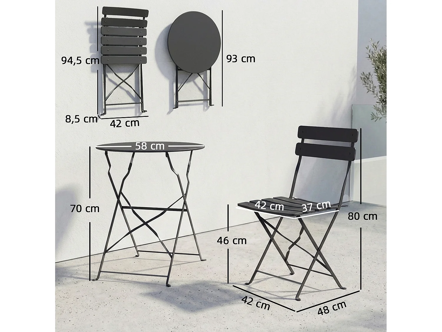 Salon de jardin bistro pliable 3 pcs table ronde métal thermolaqué noir