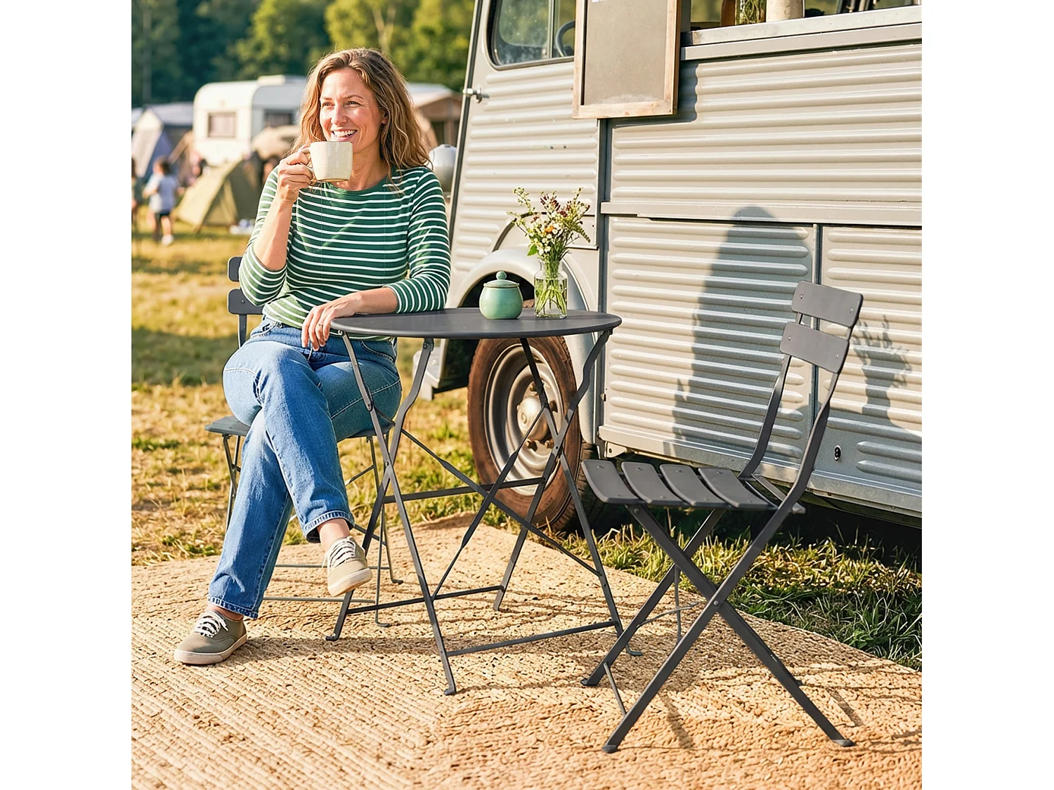 Salon de jardin bistro pliable 3 pcs table ronde métal thermolaqué noir