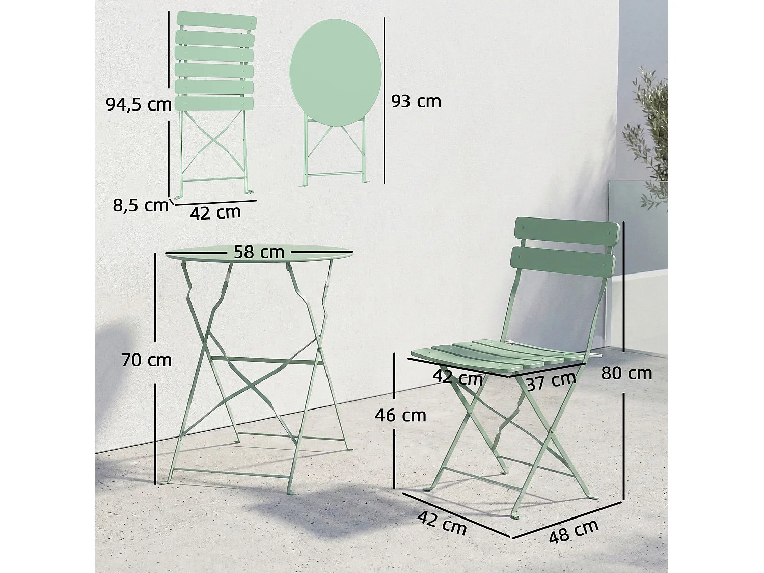 Salon de jardin bistro pliable 3 pcs table ronde métal thermolaqué vert d'eau