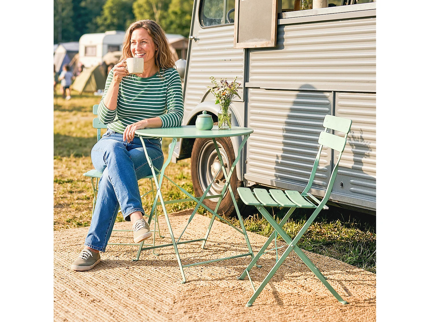 Salon de jardin bistro pliable 3 pcs table ronde métal thermolaqué vert d'eau