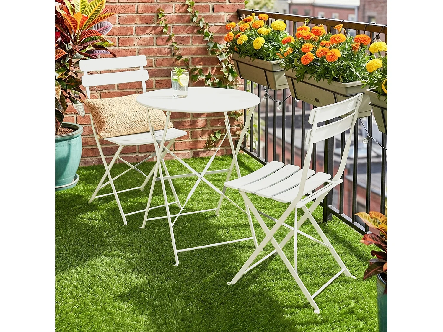 Salon de jardin bistro pliable 3 pcs table ronde métal thermolaqué crème