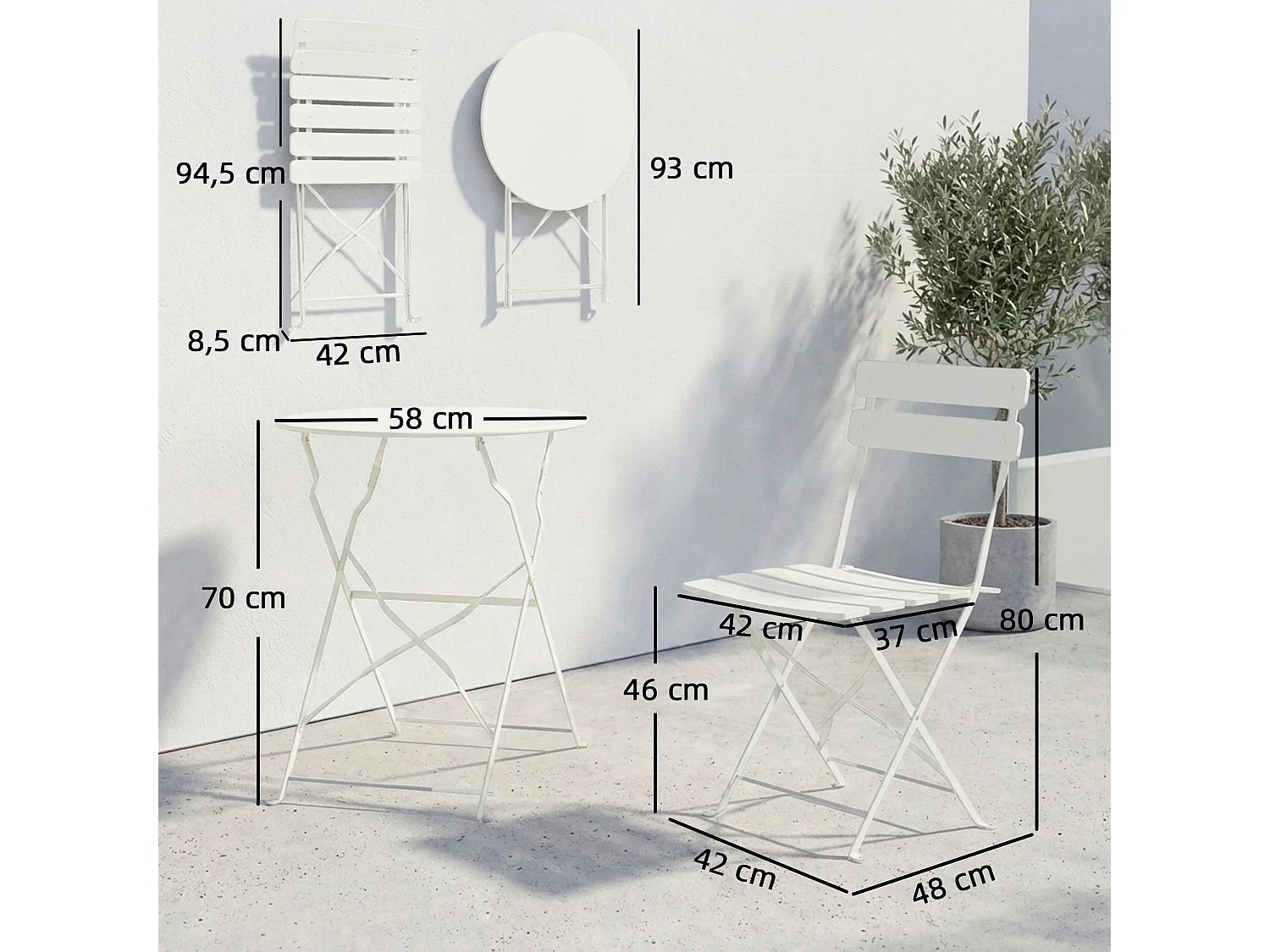 Salon de jardin bistro pliable 3 pcs table ronde métal thermolaqué crème
