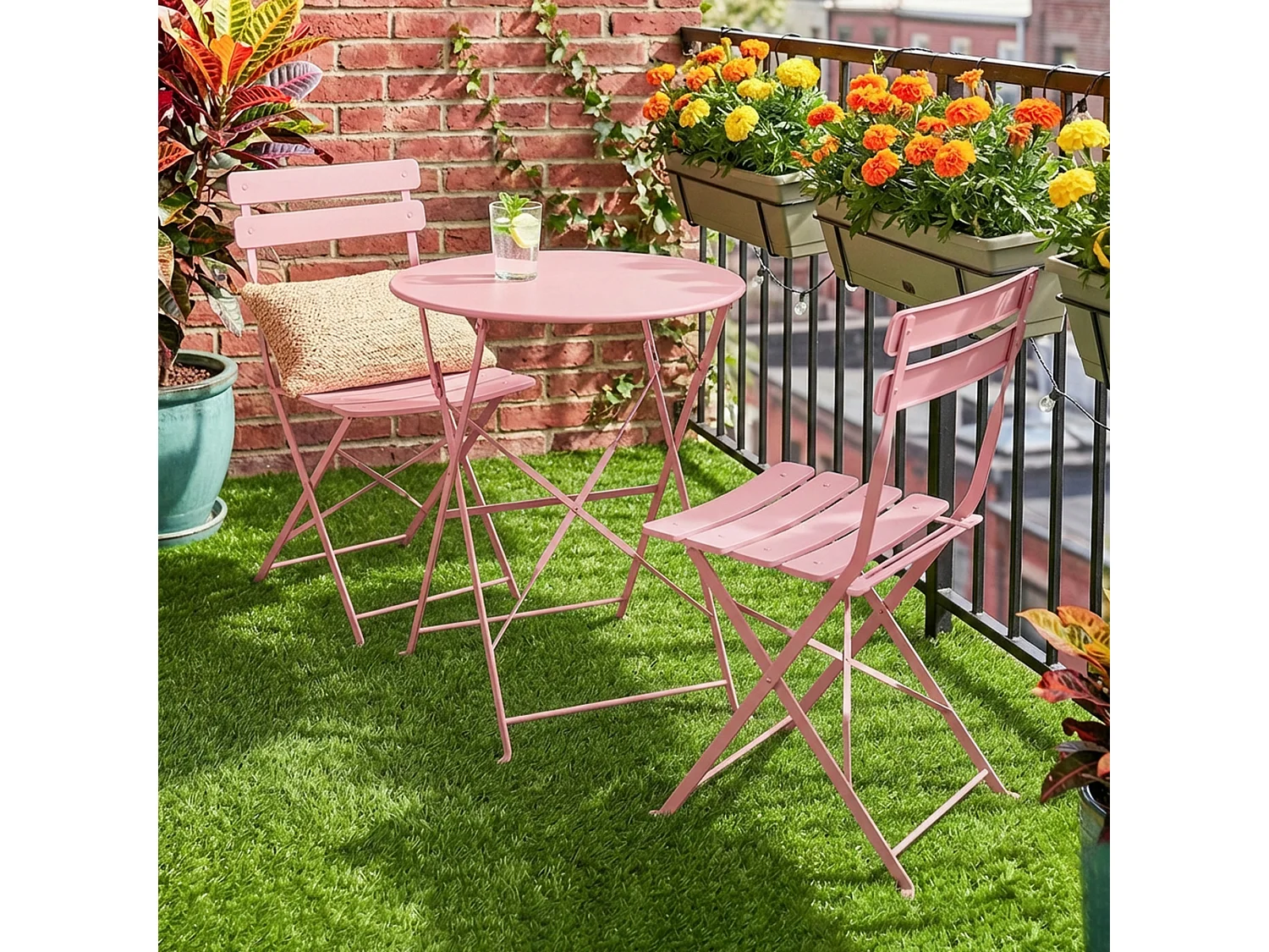 Salon de jardin bistro pliable 3 pcs table ronde métal thermolaqué rose pâle