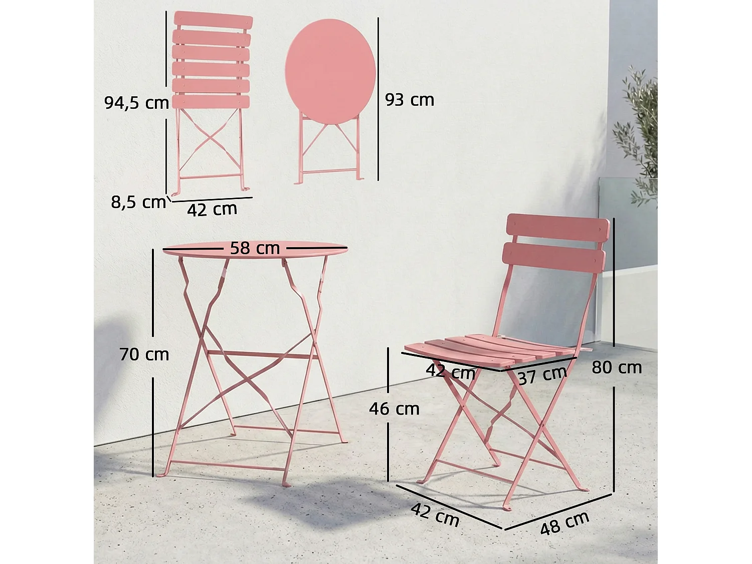Salon de jardin bistro pliable 3 pcs table ronde métal thermolaqué rose pâle