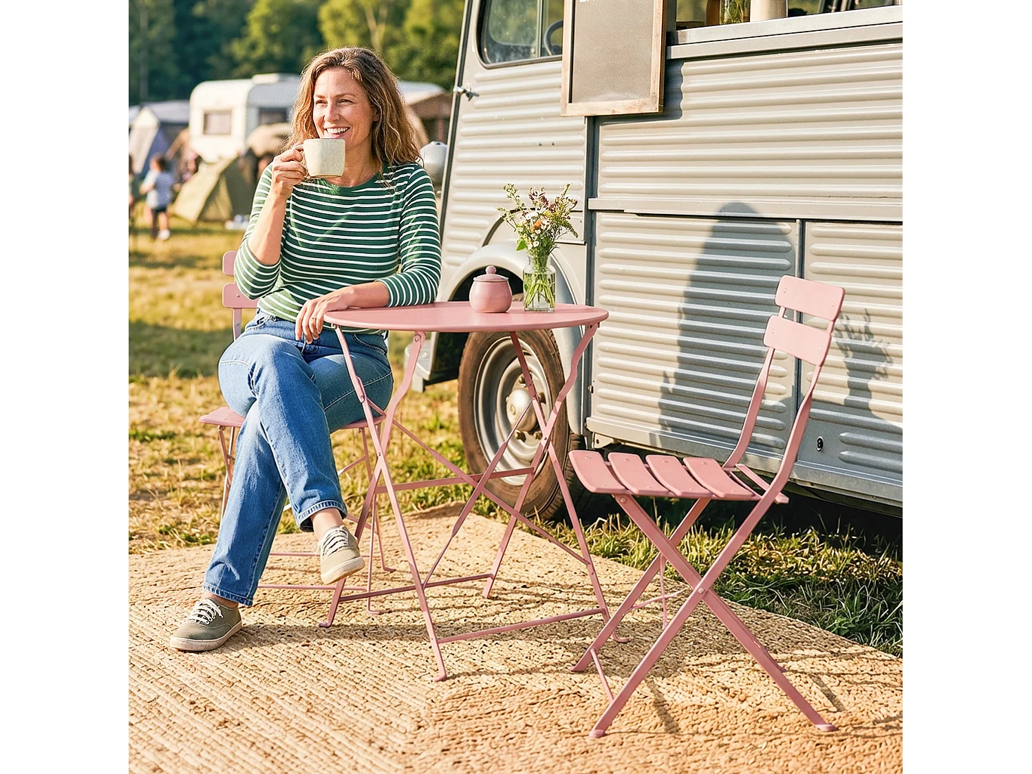 Salon de jardin bistro pliable 3 pcs table ronde métal thermolaqué rose pâle