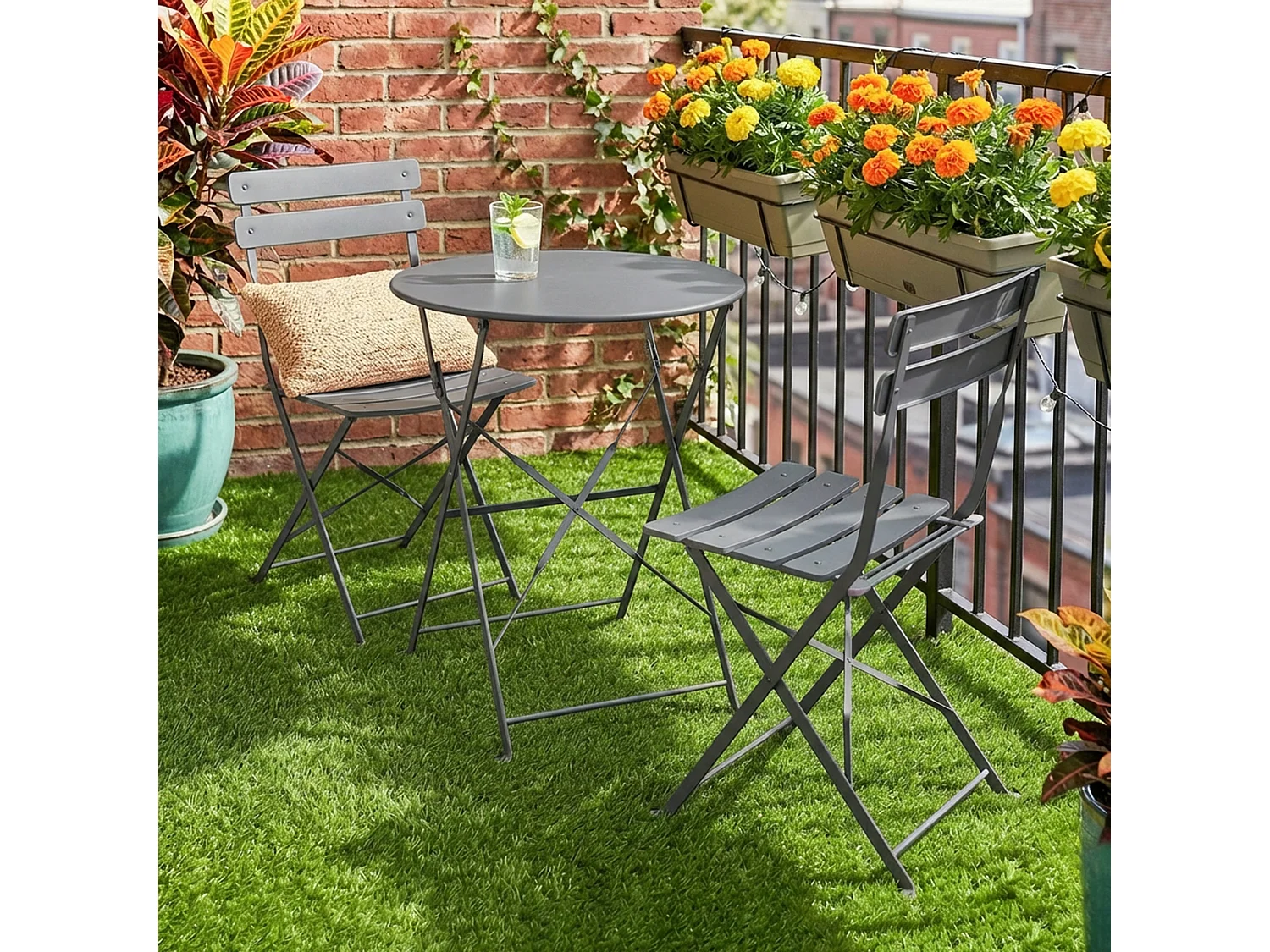 Salon de jardin bistro pliable 3 pcs table ronde métal thermolaqué gris