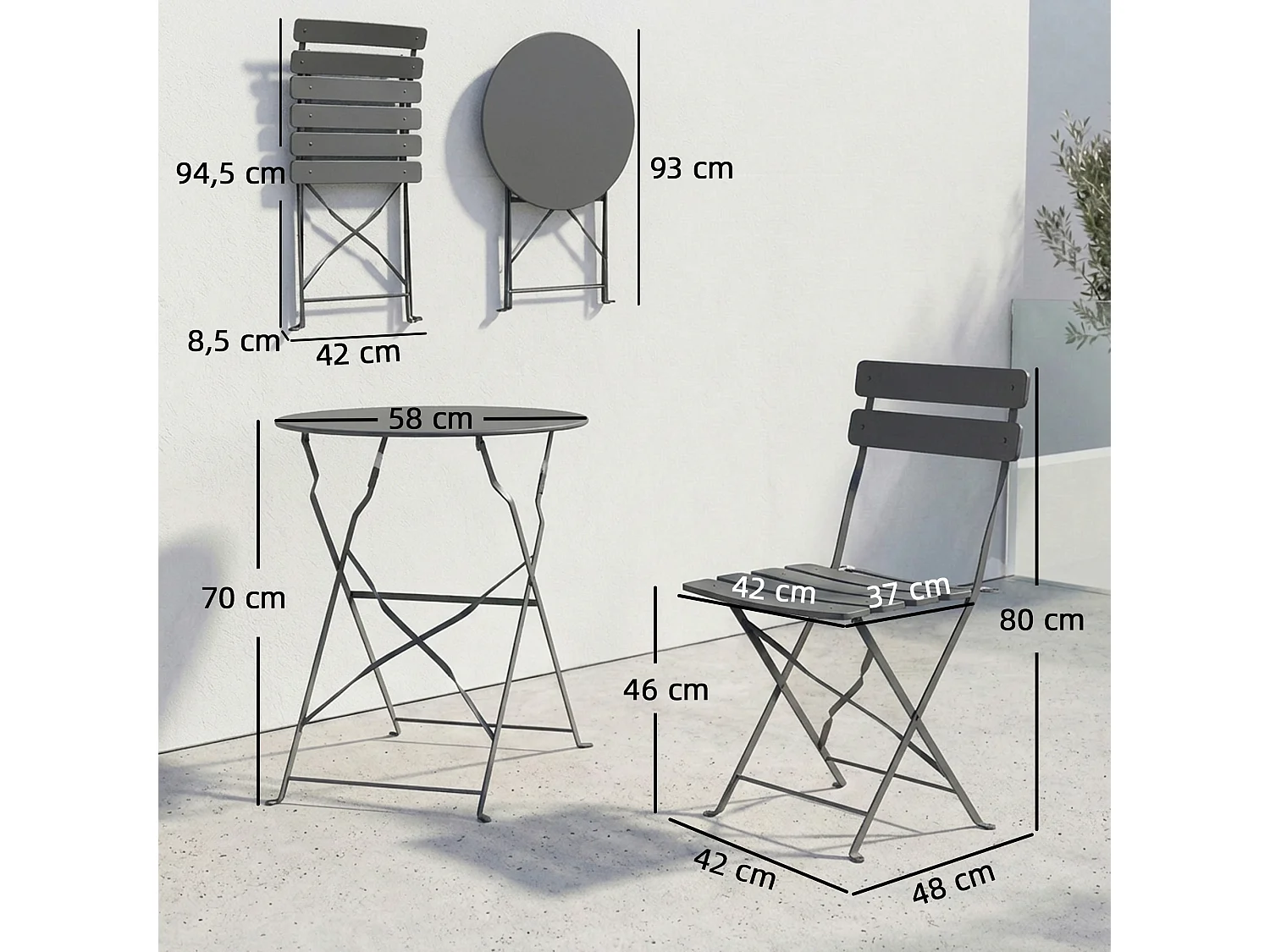 Salon de jardin bistro pliable 3 pcs table ronde métal thermolaqué gris