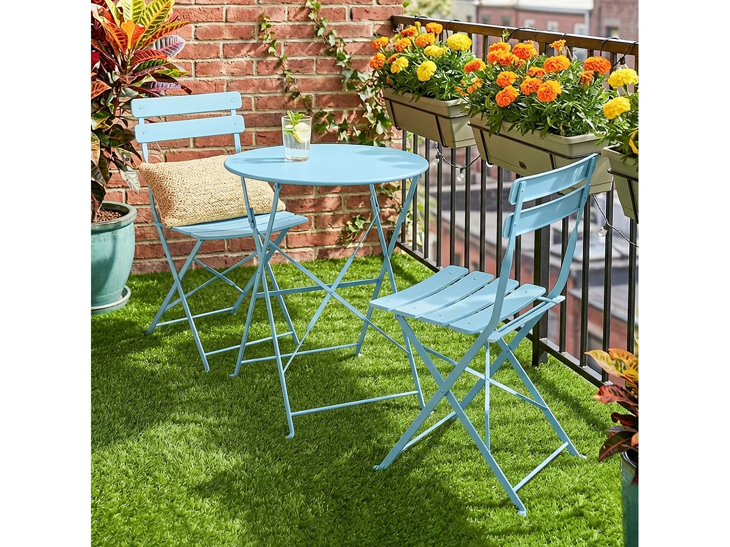 Salon de jardin bistro pliable 3 pcs table ronde métal thermolaqué bleu ciel