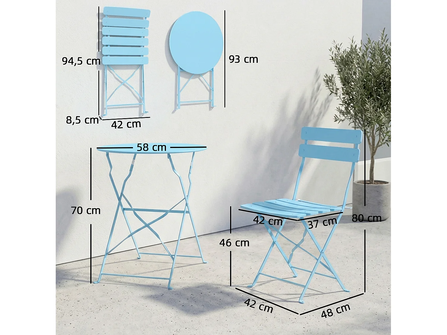 Salon de jardin bistro pliable 3 pcs table ronde métal thermolaqué bleu ciel