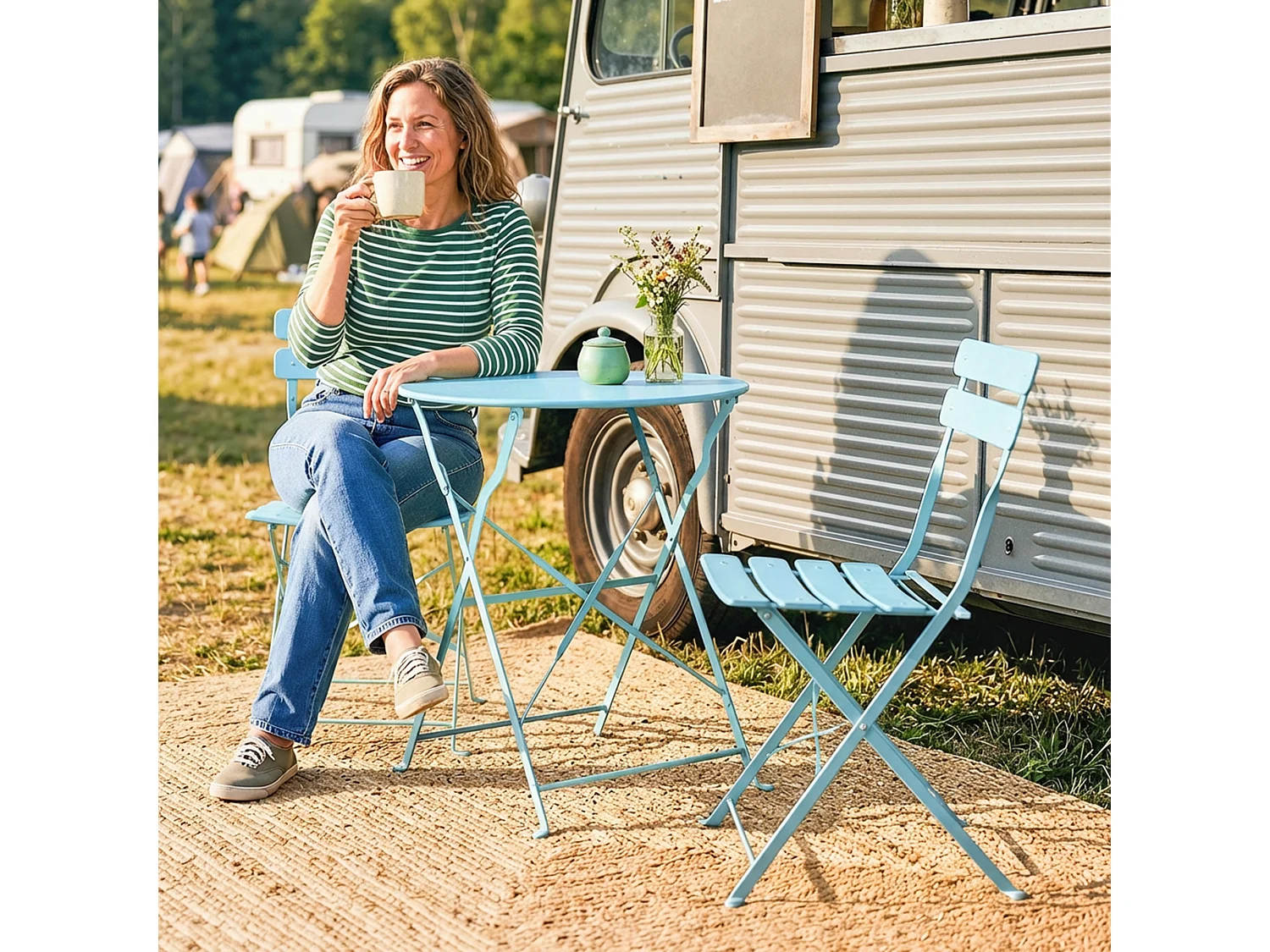 Salon de jardin bistro pliable 3 pcs table ronde métal thermolaqué bleu ciel