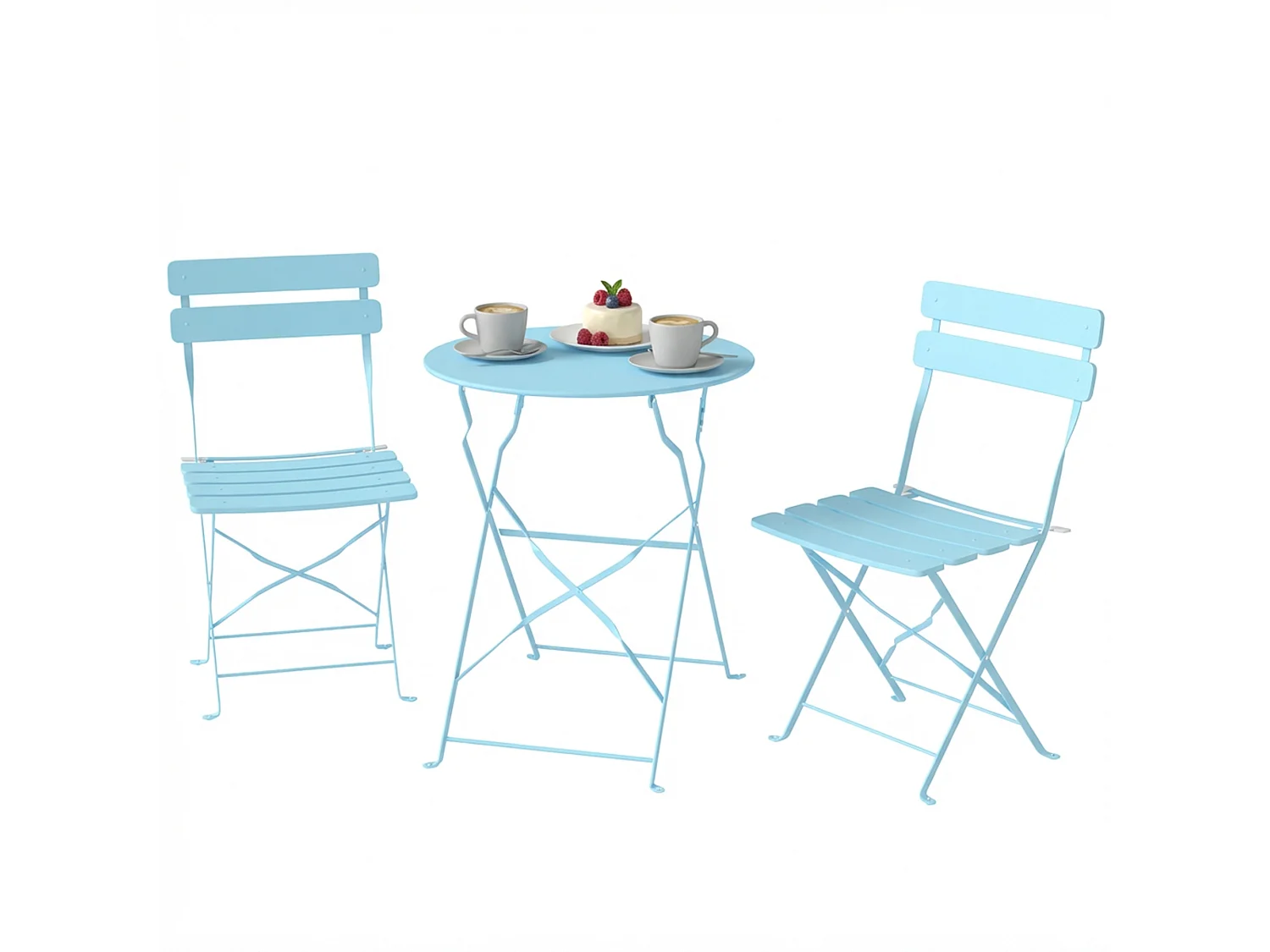 Salon de jardin bistro pliable 3 pcs table ronde métal thermolaqué bleu ciel