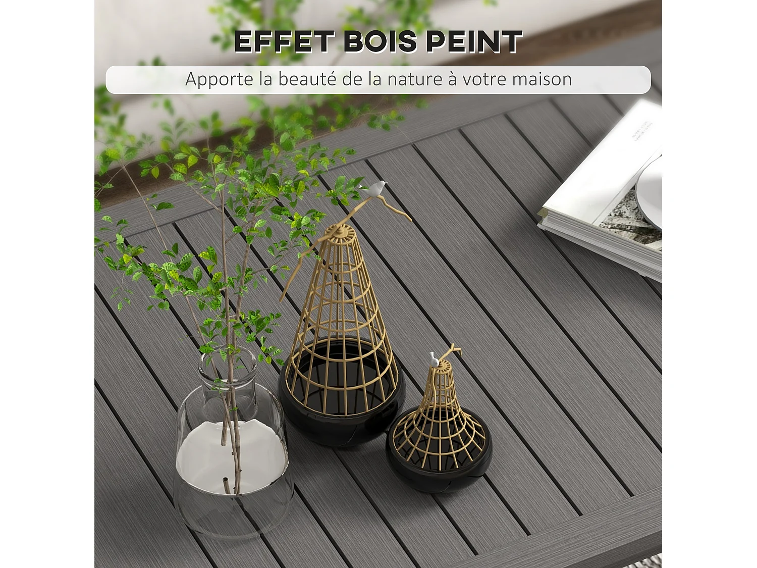 Table basse rectangulaire de jardin plateau lattes 100 x 60 x 37 cm alu effet bois brun