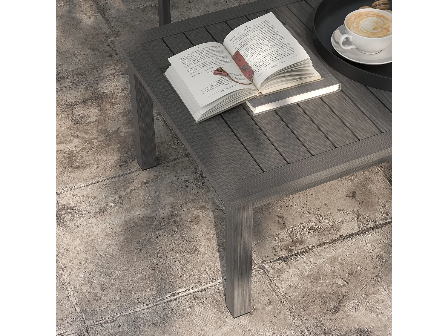 Table basse rectangulaire de jardin plateau lattes 100 x 60 x 37 cm alu effet bois brun
