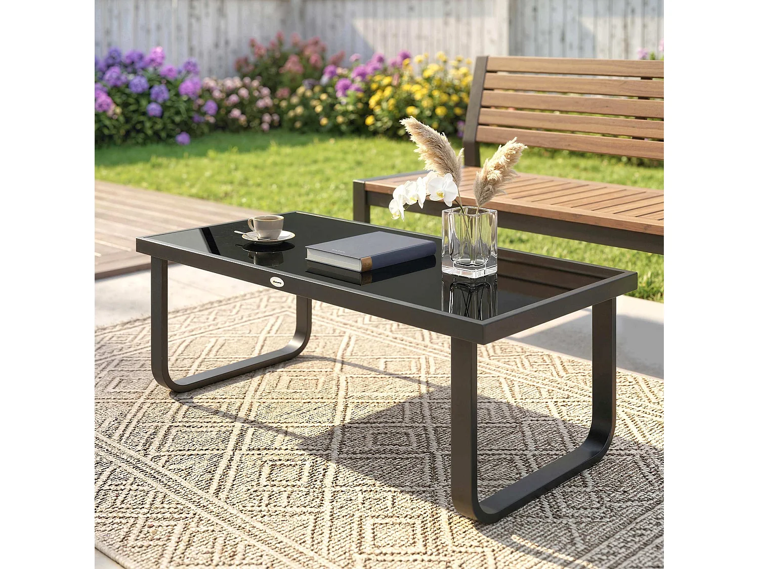 Table basse de jardin rectangulaire métal verre noir