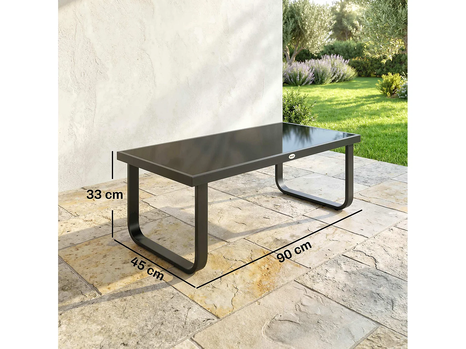 Table basse de jardin rectangulaire métal verre noir