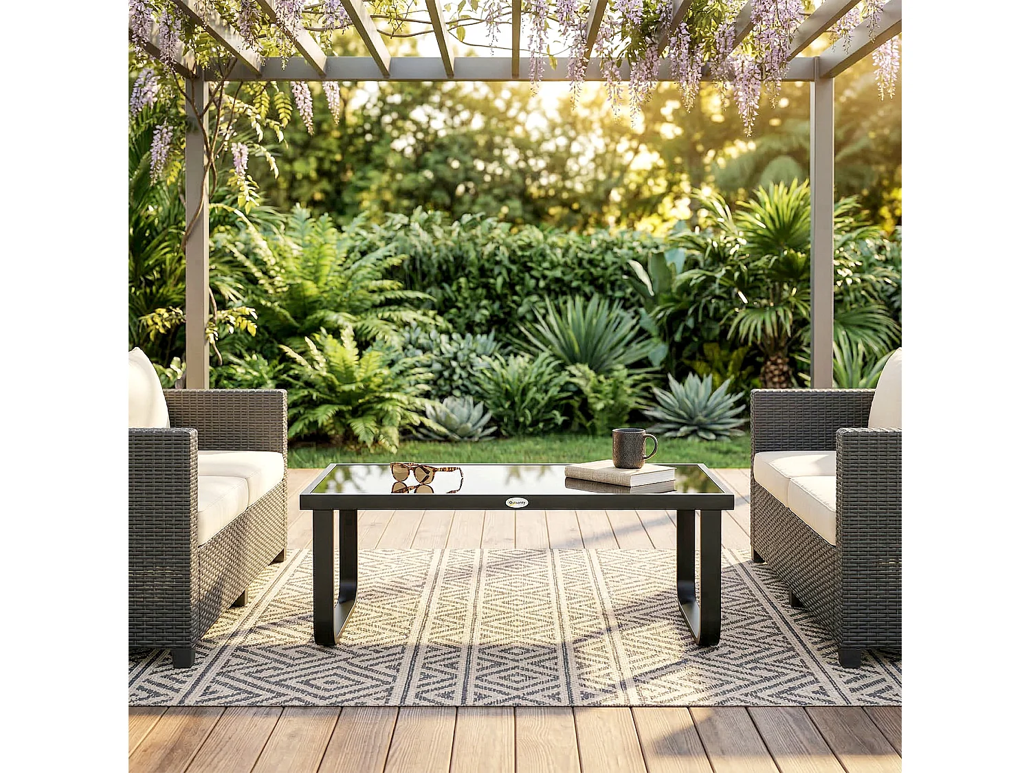 Table basse de jardin rectangulaire métal verre noir