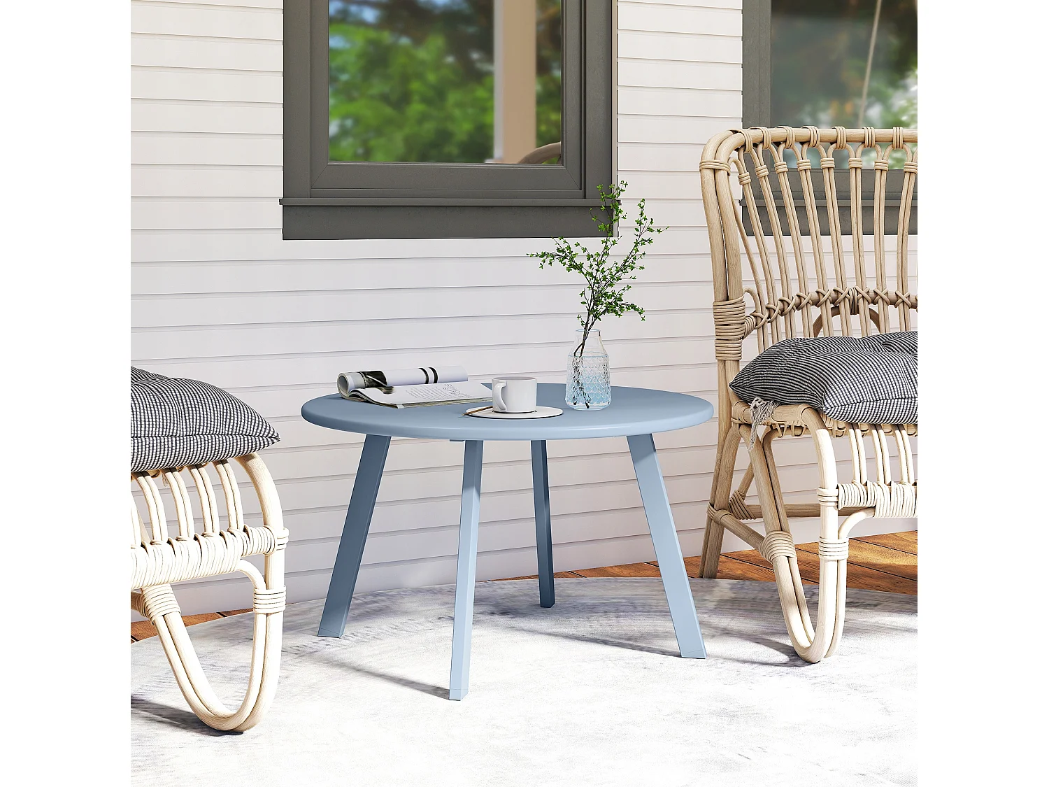 Table basse de jardin d'appoint style nordique Ø 70 x 42H cm métal époxy bleu