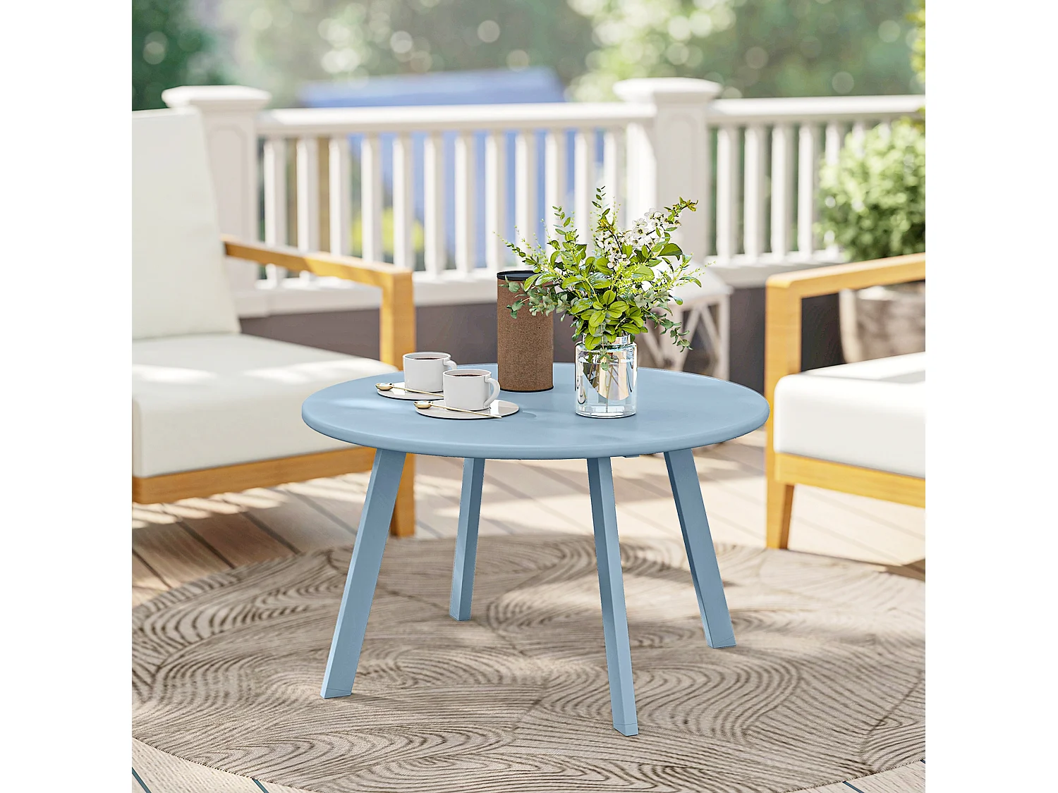Table basse de jardin d'appoint style nordique Ø 70 x 42H cm métal époxy bleu