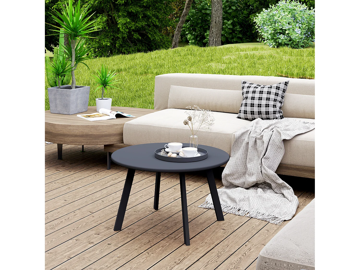 Table basse de jardin d'appoint style nordique Ø 70 x 42H cm métal époxy noir