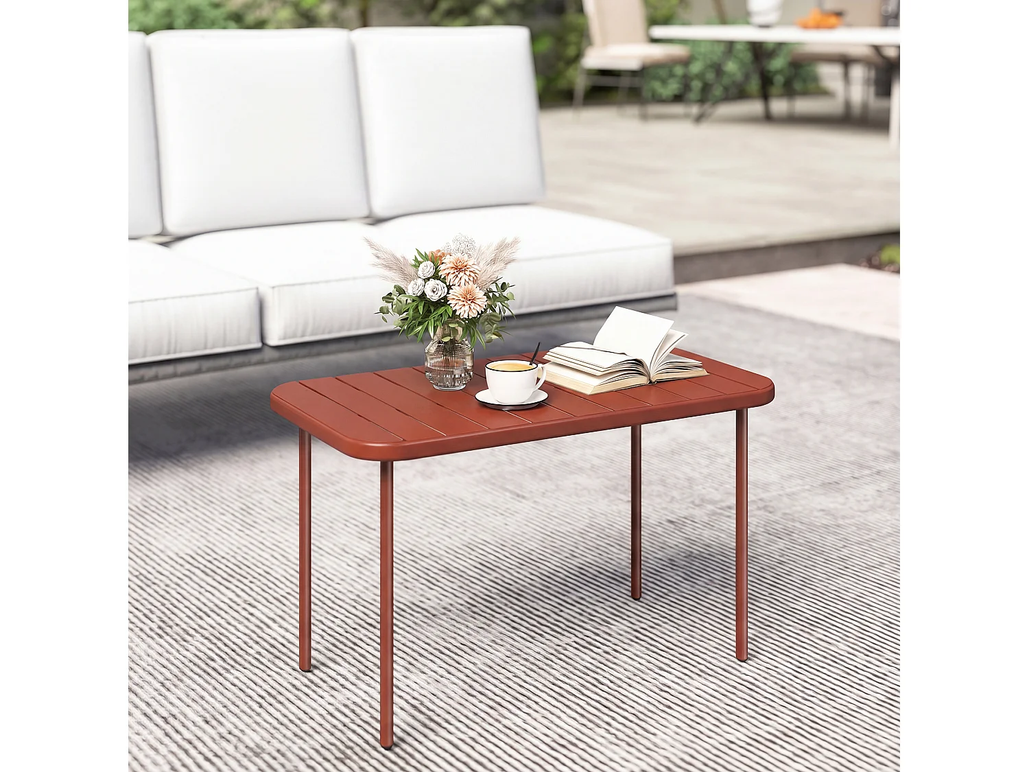 Table basse de jardin style néo-rétro rectangulaire arrondie métal brique