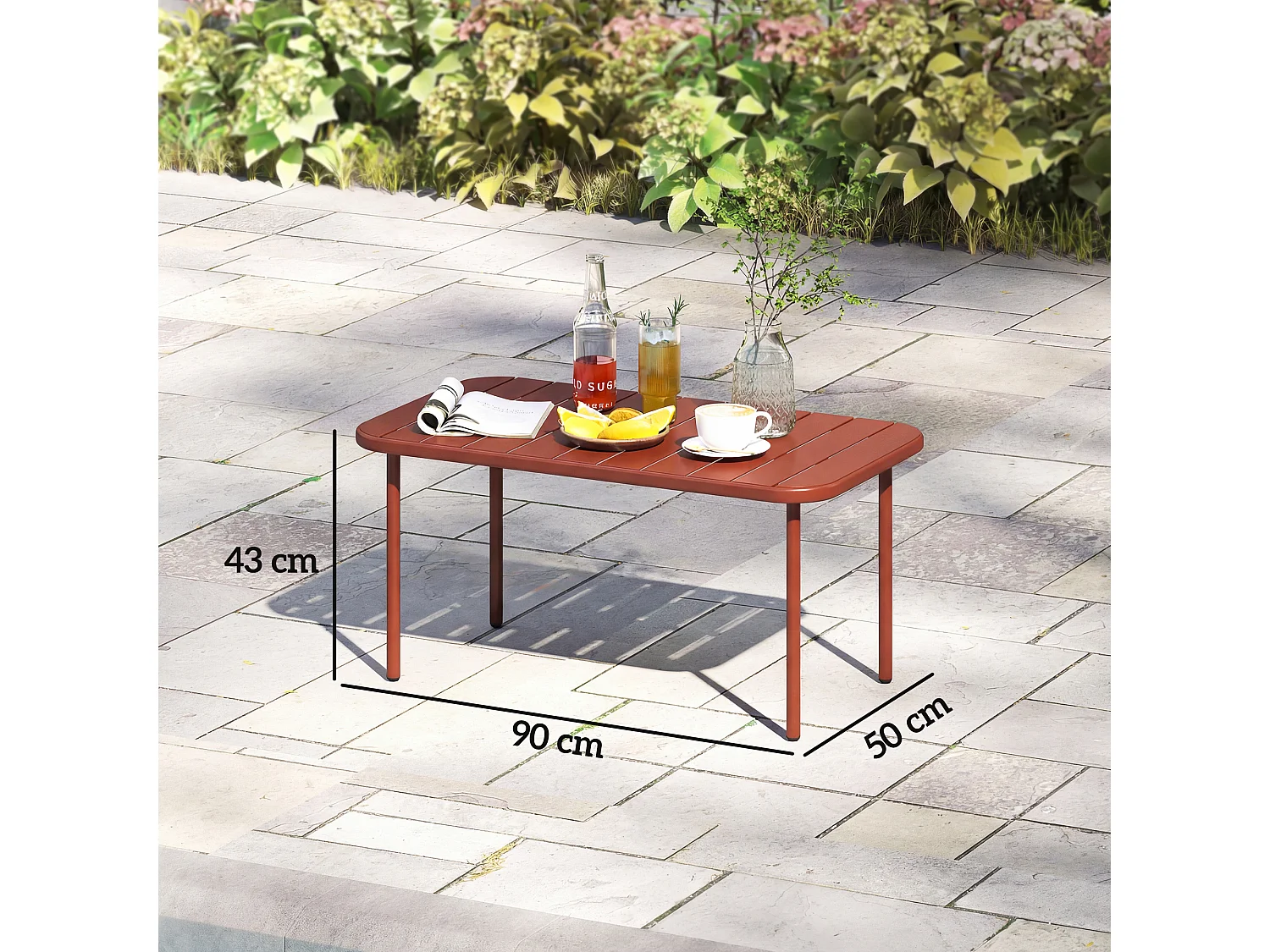 Table basse de jardin style néo-rétro rectangulaire arrondie métal brique