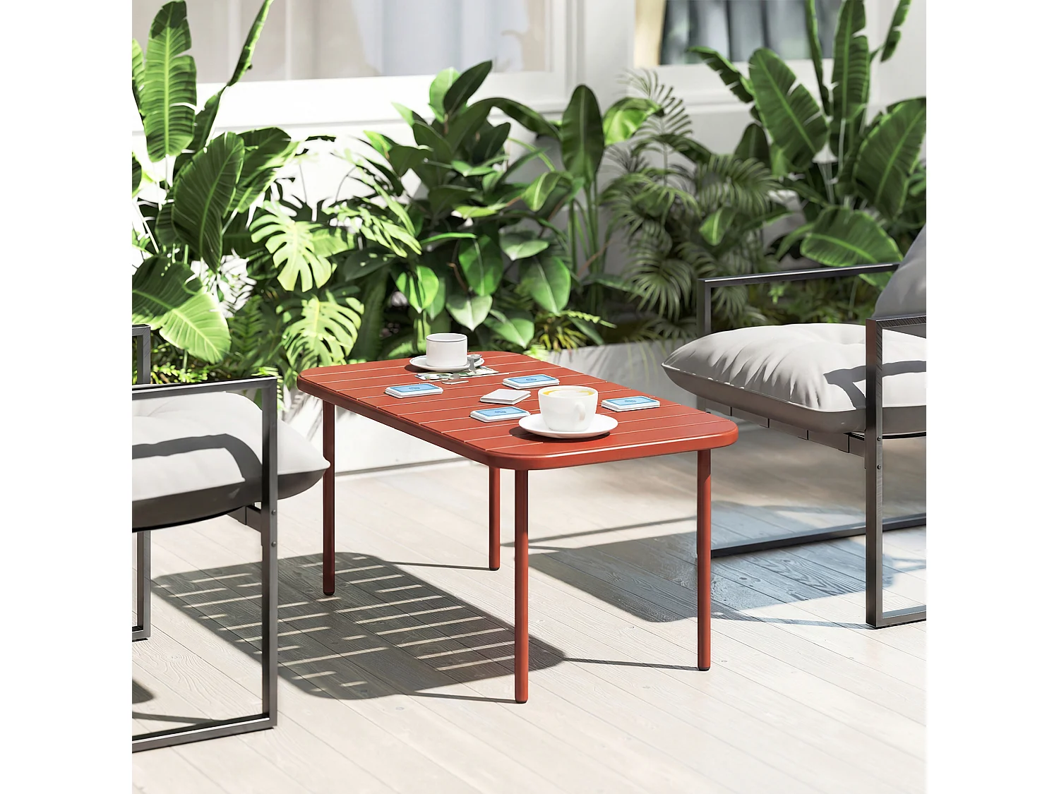Table basse de jardin style néo-rétro rectangulaire arrondie métal brique