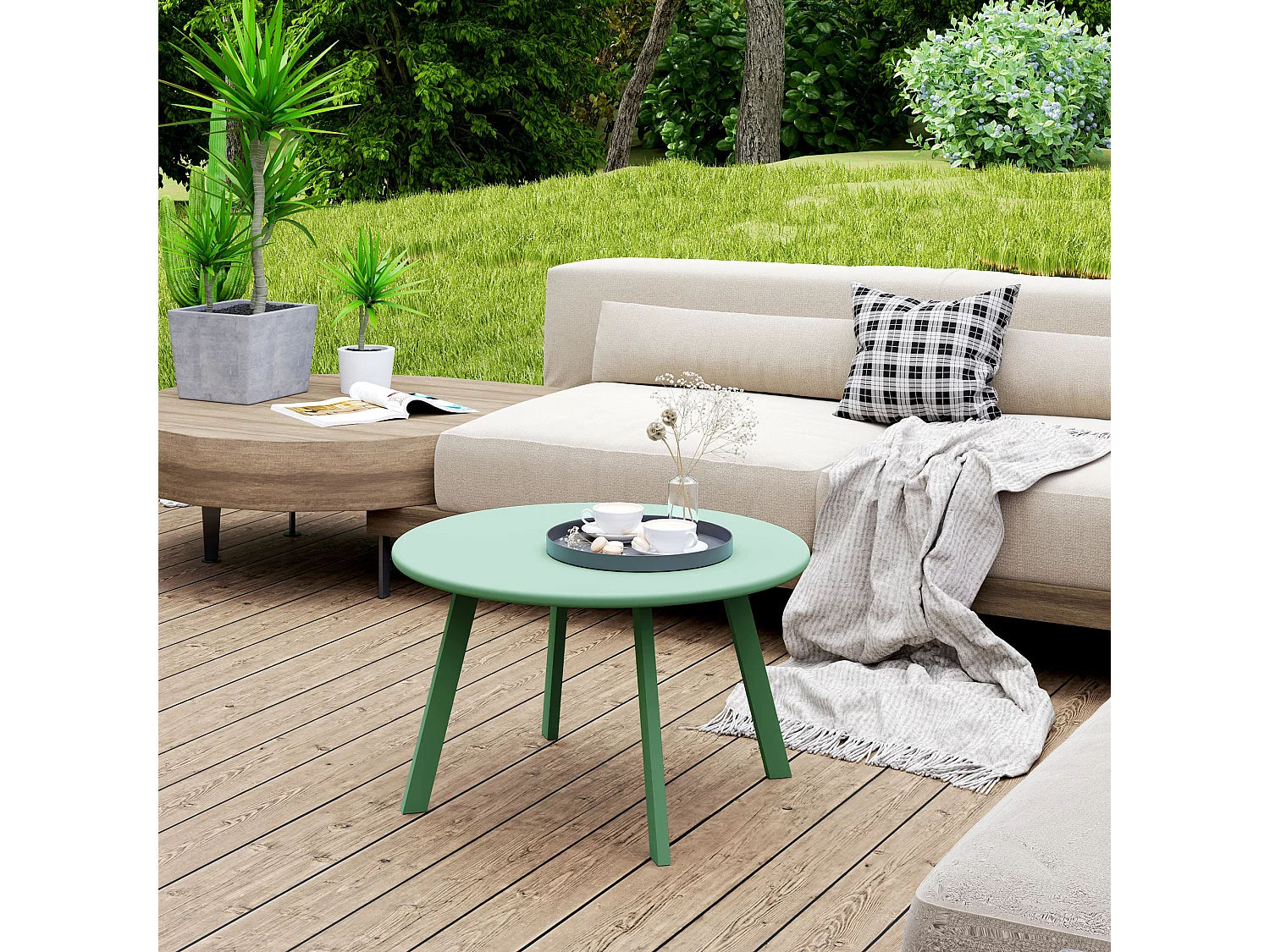 Table basse de jardin d'appoint style nordique Ø 70 x 42H cm métal époxy vert d'eau