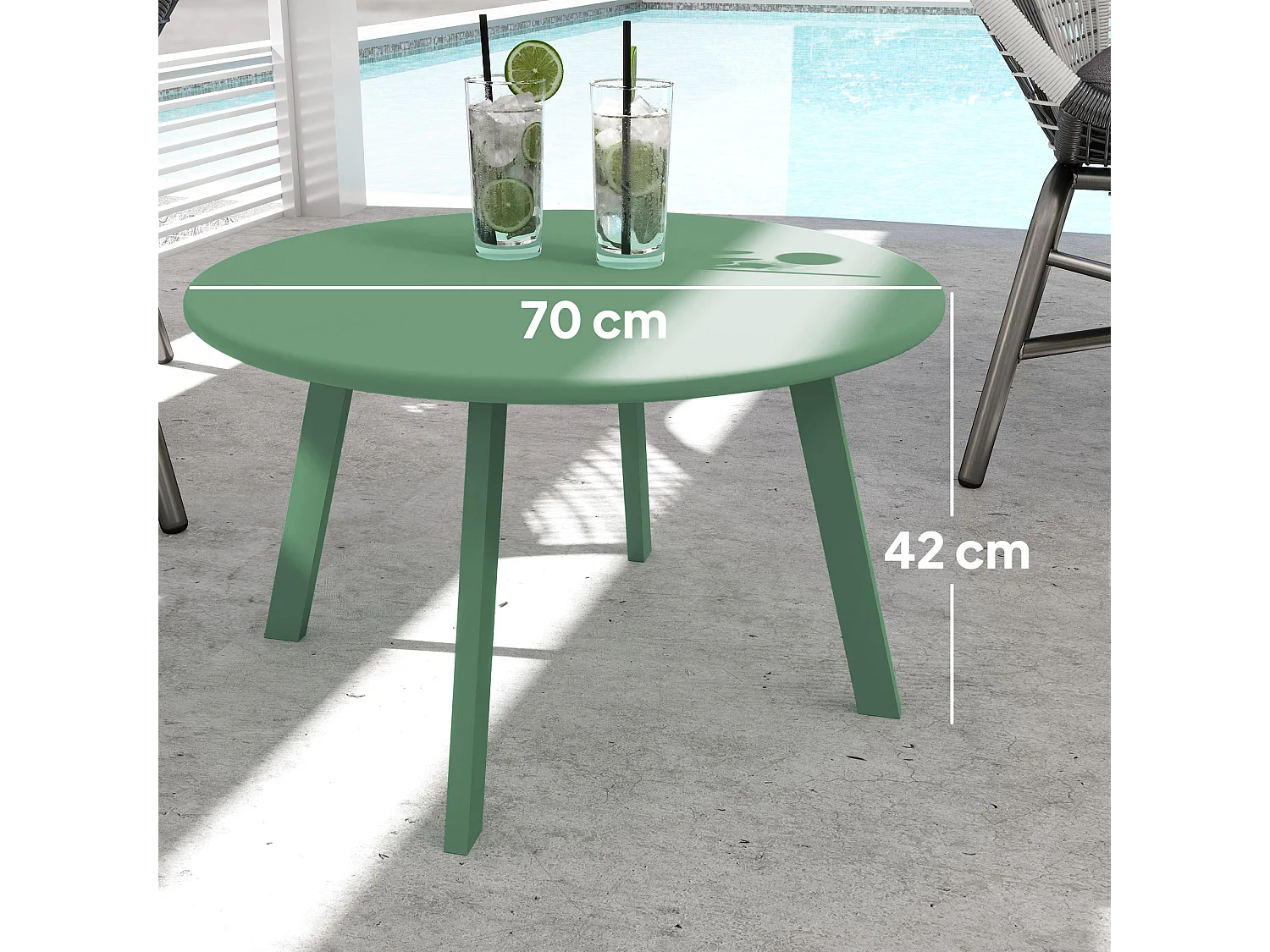 Table basse de jardin d'appoint style nordique Ø 70 x 42H cm métal époxy vert d'eau